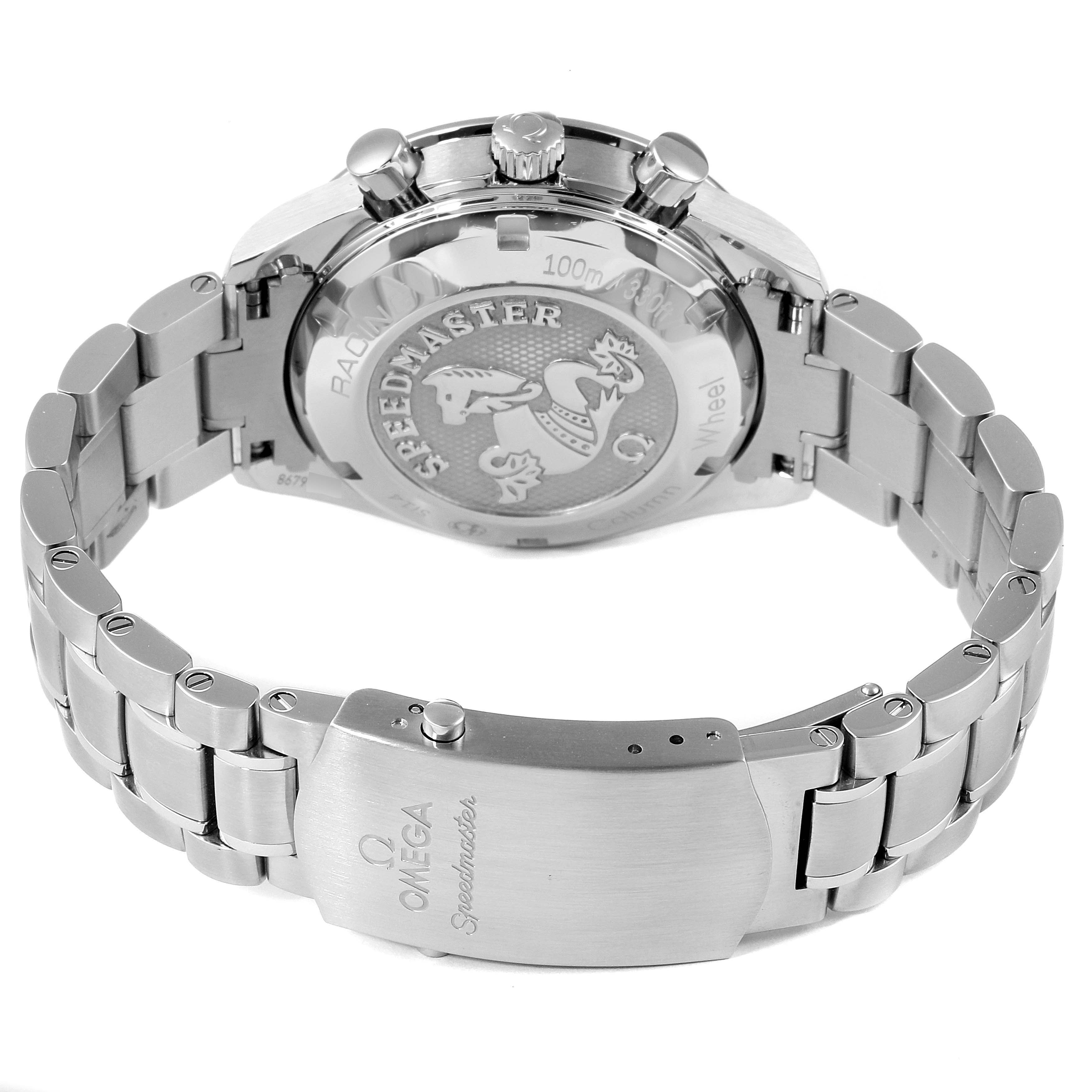 The image shows the back and bracelet clasp of an Omega Speedmaster 326.30.40.50.04.001 Men's Stainless Steel White Dial 326.30.40.50.04.001 Men's Stainless Steel White Dial watch, highlighting the engraved case back and metal links.