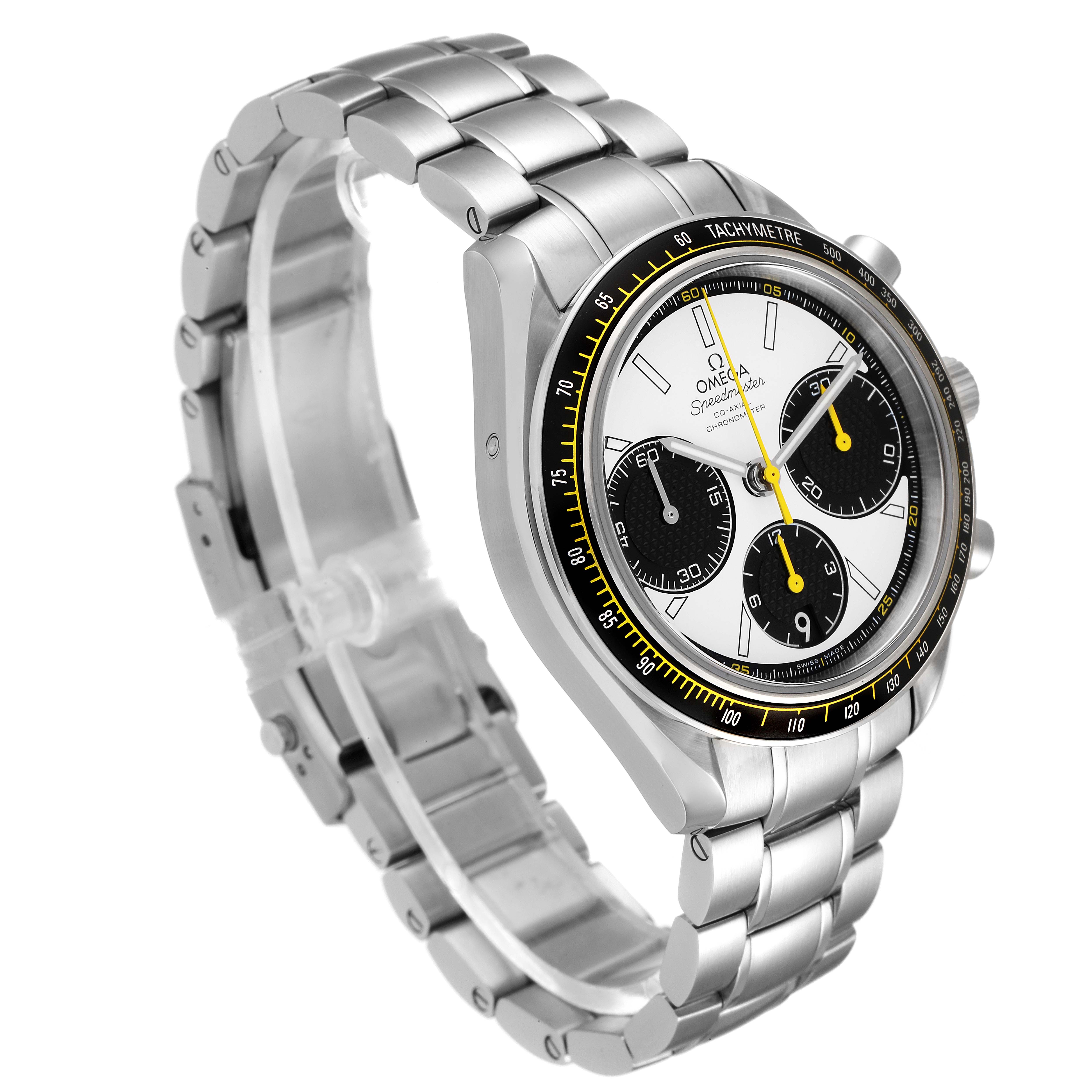 The image shows an Omega Speedmaster 326.30.40.50.04.001 Men's Stainless Steel White Dial 326.30.40.50.04.001 Men's Stainless Steel White Dial watch at a three-quarter angle, highlighting the face, bezel, and metal bracelet.