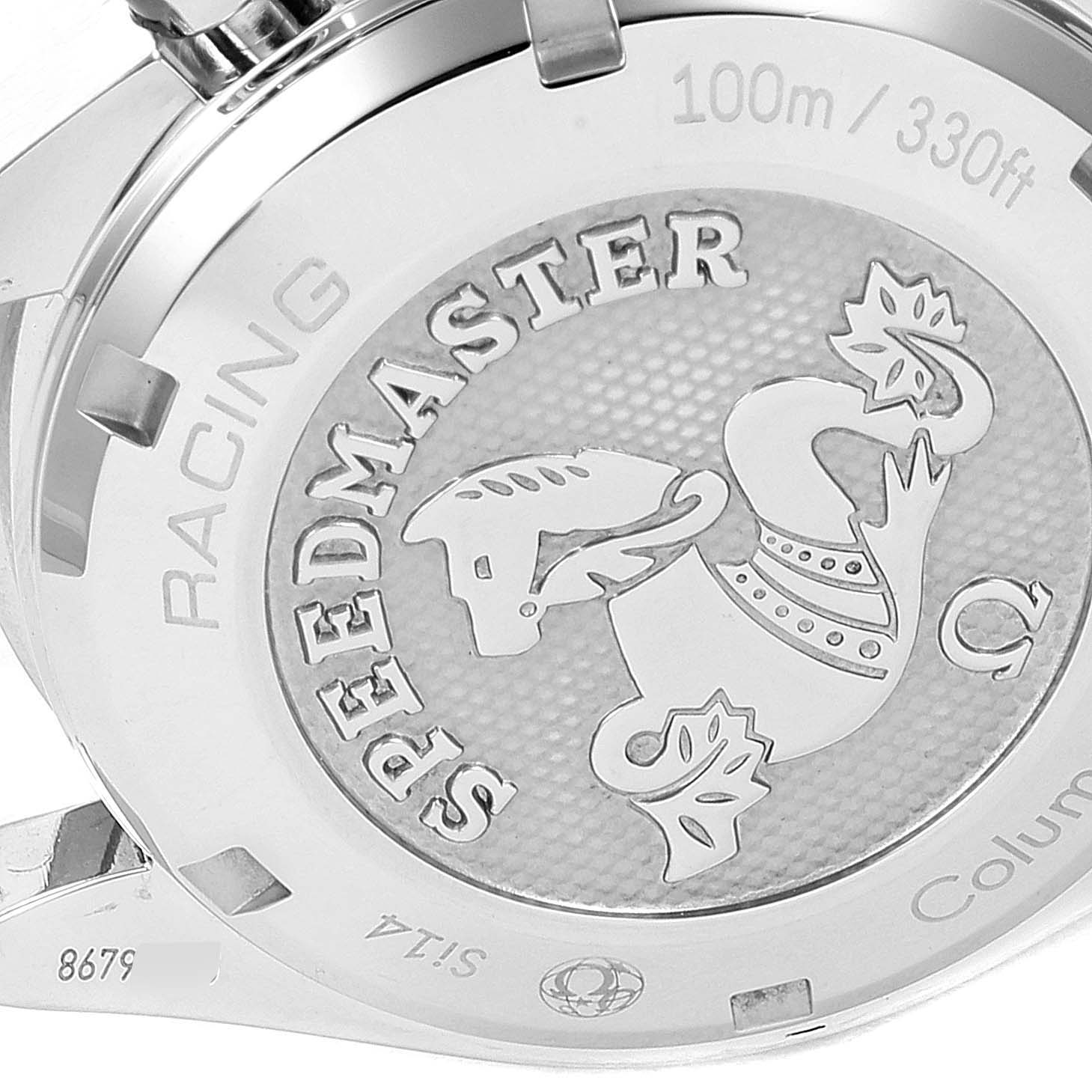 The image shows the back case of the Omega Speedmaster 326.30.40.50.04.001 Men's Stainless Steel White Dial 326.30.40.50.04.001 Men's Stainless Steel White Dial watch, displaying the engraved logo and specifications.