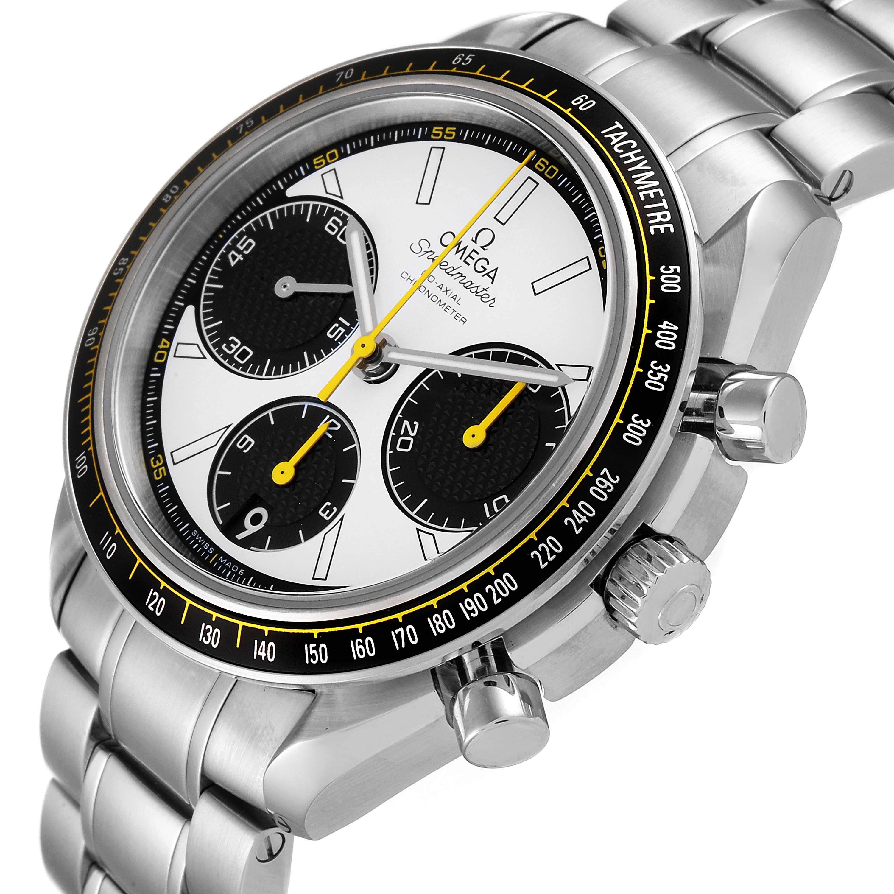 The image shows an angled view of the Omega Speedmaster 326.30.40.50.04.001 Men's Stainless Steel White Dial 326.30.40.50.04.001 Men's Stainless Steel White Dial watch, highlighting the tachymeter bezel, chronograph dials, and stainless steel band.