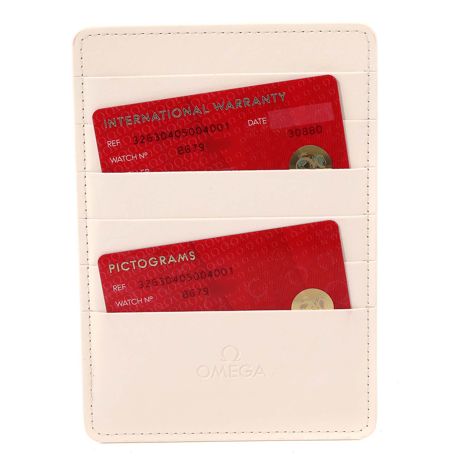 This image shows a white Omega cardholder containing International Warranty and Pictograms cards for an Omega Speedmaster 326.30.40.50.04.001 Men's Stainless Steel White Dial 326.30.40.50.04.001 Men's Stainless Steel White Dial watch.