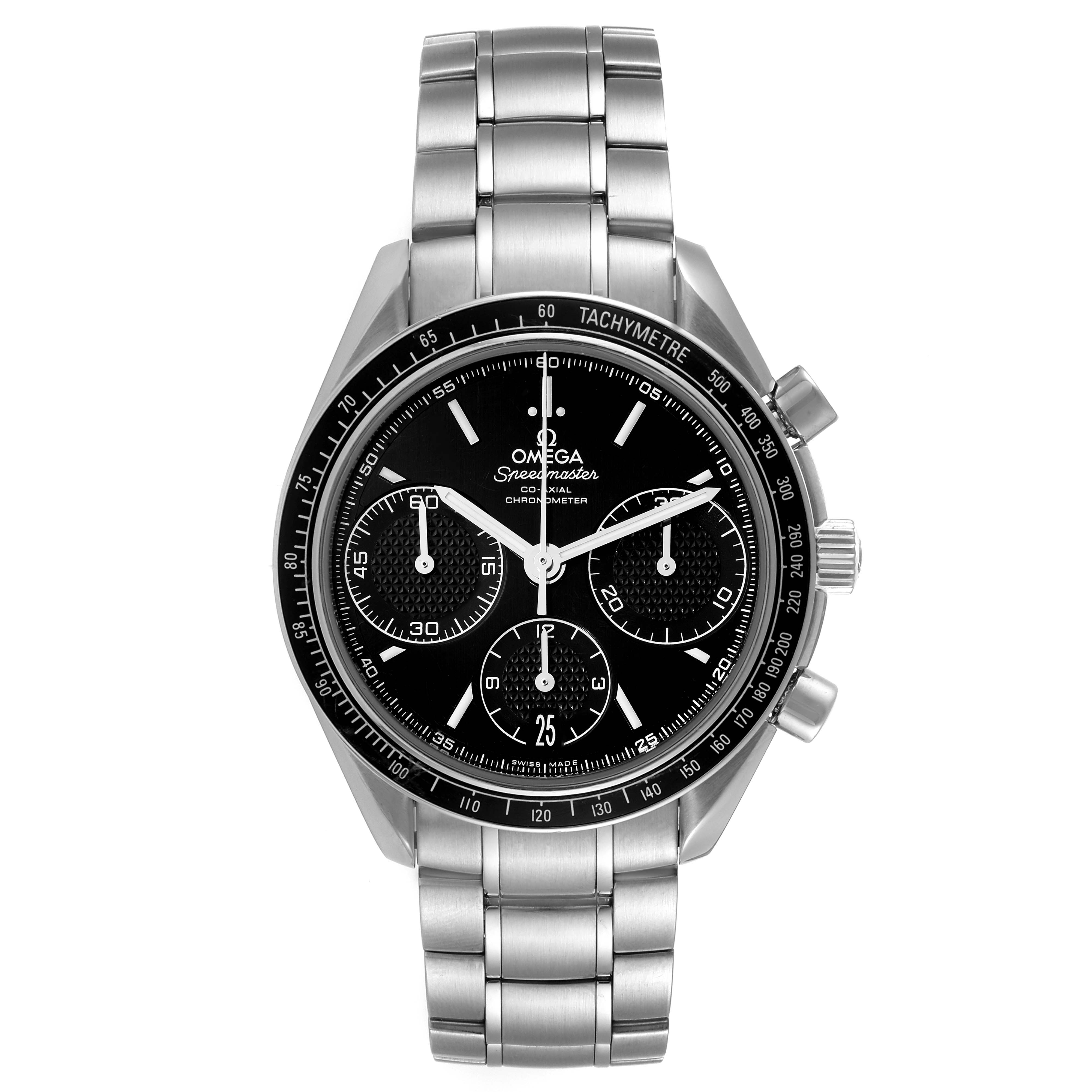 This Omega Speedmaster 326.30.40.50.01.001 Men's Stainless Steel Black Dial 326.30.40.50.01.001 Men's Stainless Steel Black Dial watch is shown from the front, displaying its face, crown, pushers, and metal bracelet.