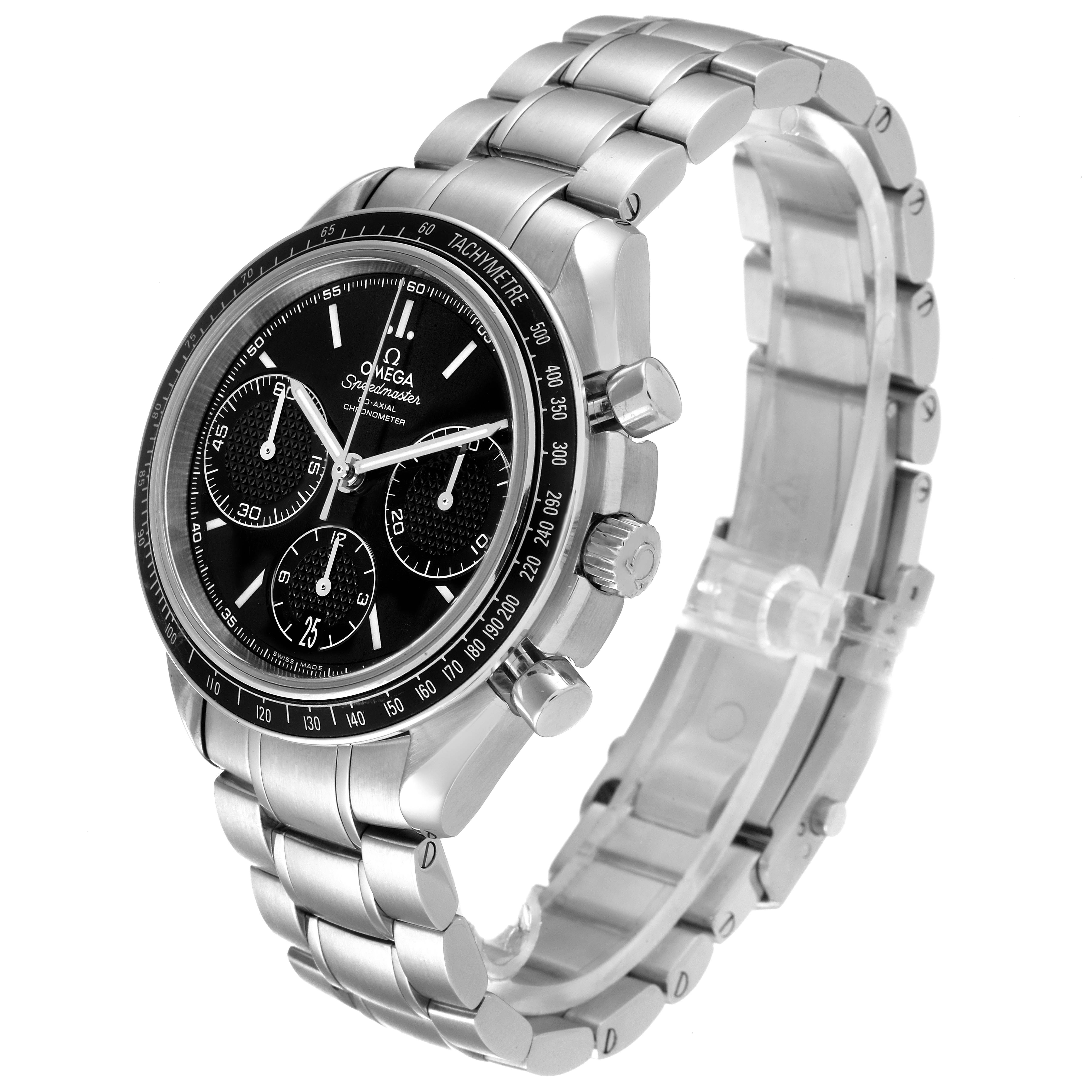 The image shows a side angle of an Omega Speedmaster 326.30.40.50.01.001 Men's Stainless Steel Black Dial 326.30.40.50.01.001 Men's Stainless Steel Black Dial watch, highlighting its bezel, bracelet, and chronograph buttons.