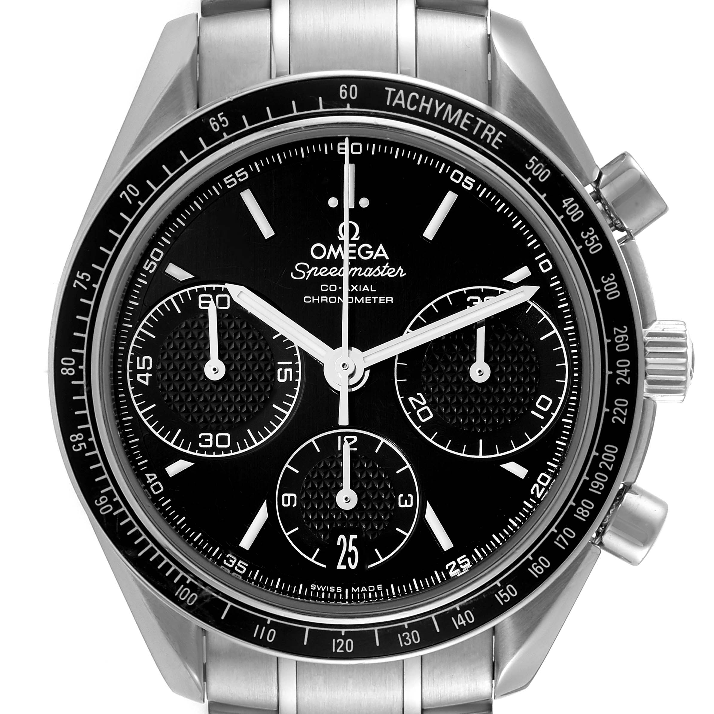 This image shows a front view of the Omega Speedmaster 326.30.40.50.01.001 Men's Stainless Steel Black Dial 326.30.40.50.01.001 Men's Stainless Steel Black Dial watch, highlighting its black dial, sub-dials, and tachymeter bezel.