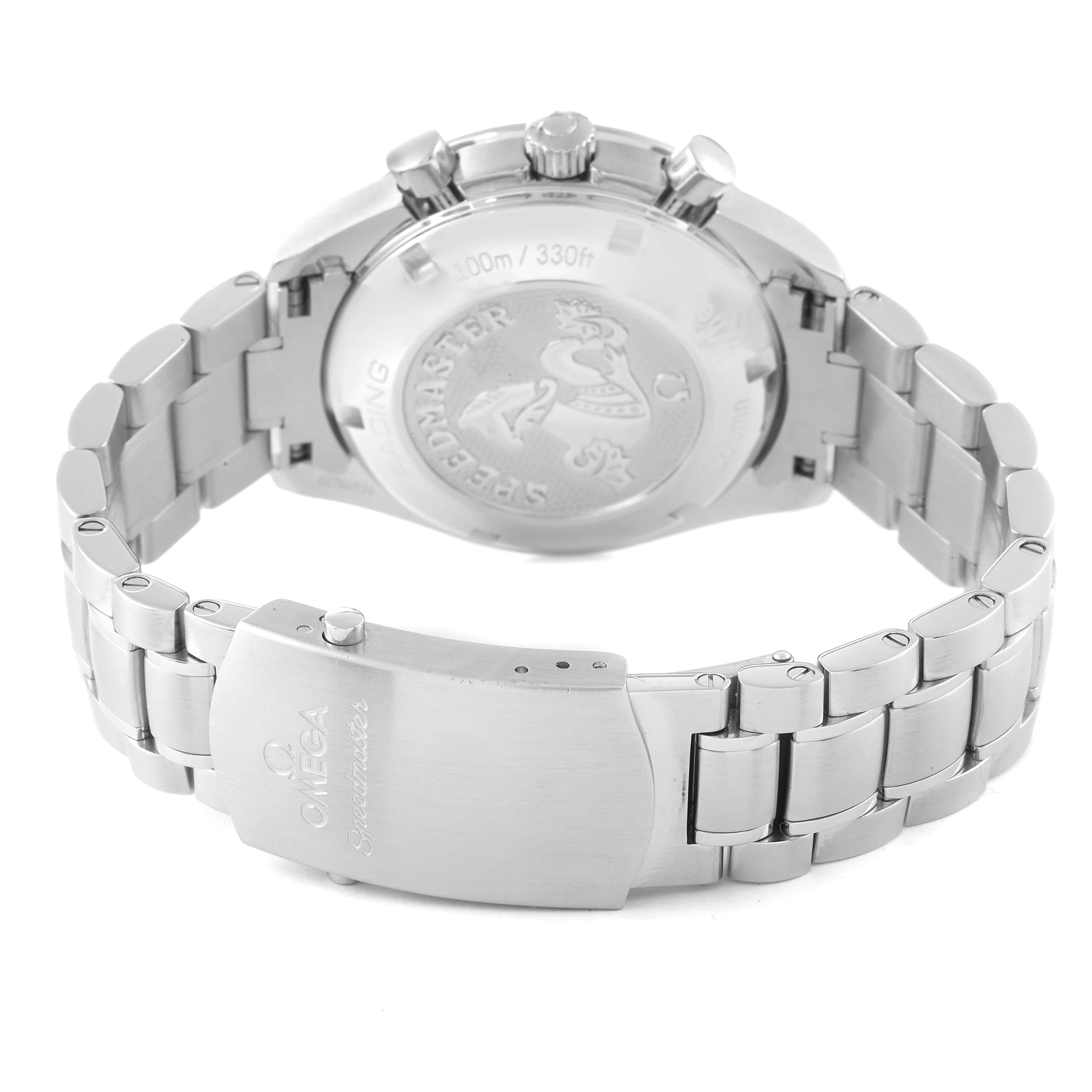 The image shows the back case and bracelet of an Omega Speedmaster 326.30.40.50.01.001 Men's Stainless Steel Black Dial 326.30.40.50.01.001 Men's Stainless Steel Black Dial watch from a rear angle.
