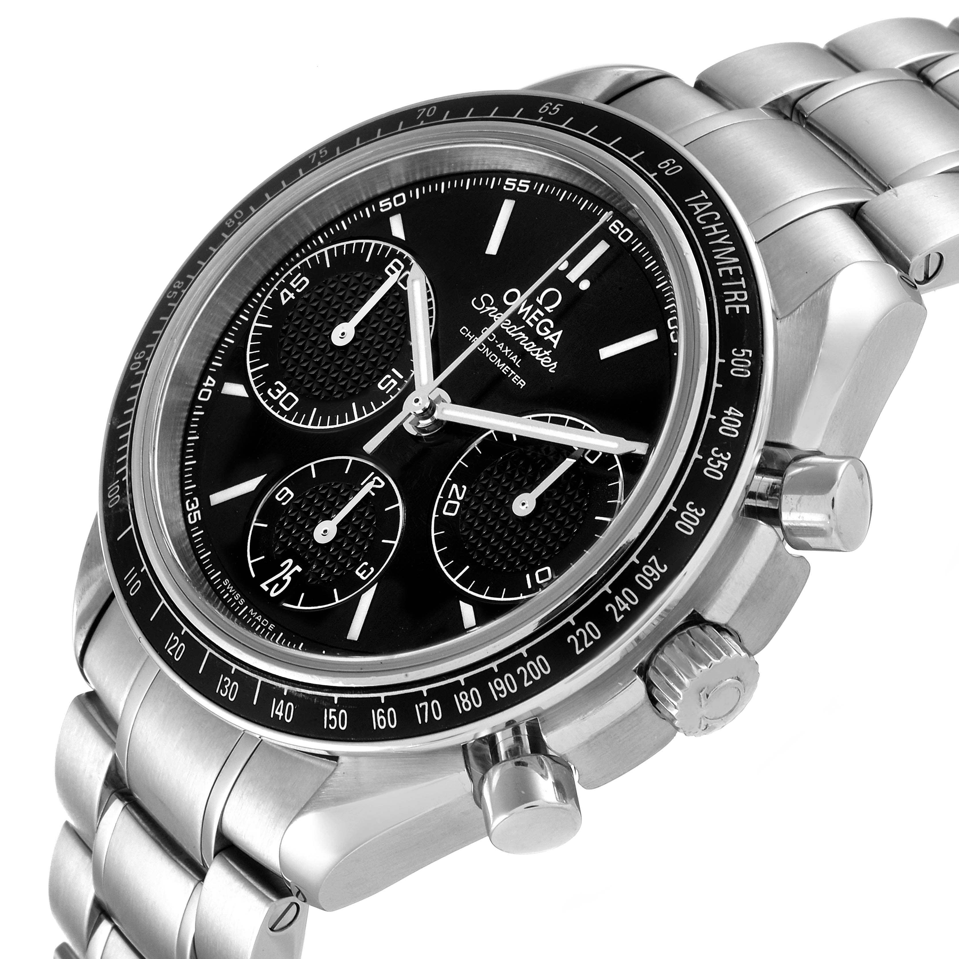 The image shows an angled close-up of the Omega Speedmaster 326.30.40.50.01.001 Men's Stainless Steel Black Dial 326.30.40.50.01.001 Men's Stainless Steel Black Dial watch, highlighting its dial, subdials, bezel, and stainless steel bracelet.