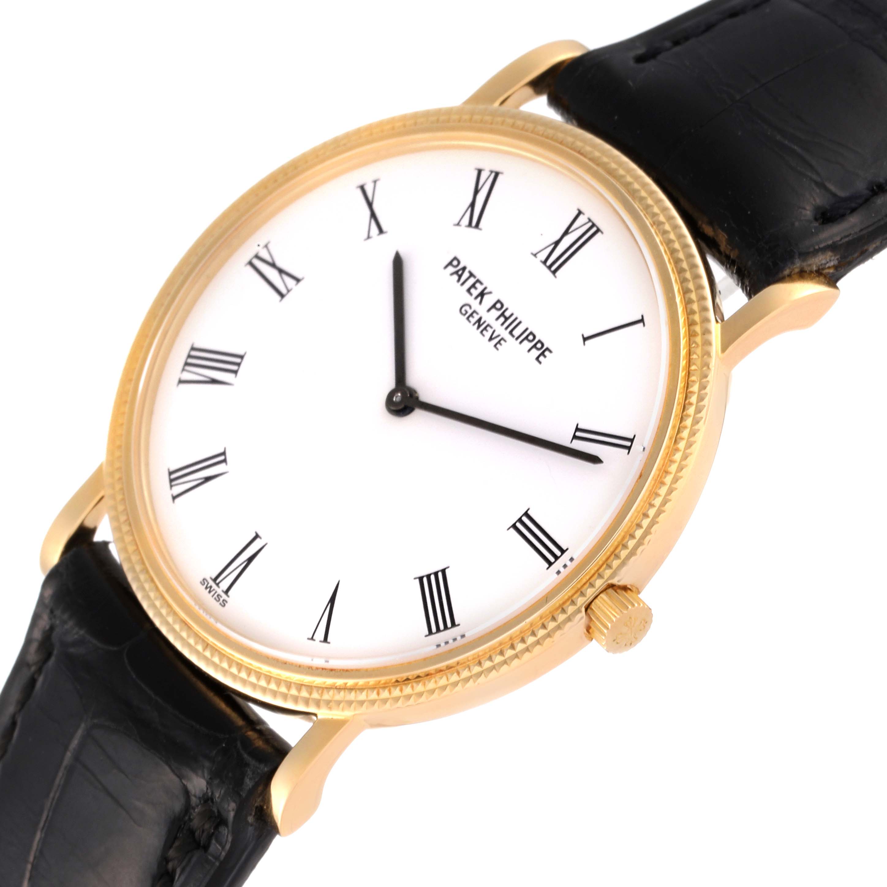 The image shows a close-up, angled view of the face and part of the strap of a Patek Philippe Calatrava 3520 Men's Yellow Gold White Dial 3520 Men's Yellow Gold White Dial watch.
