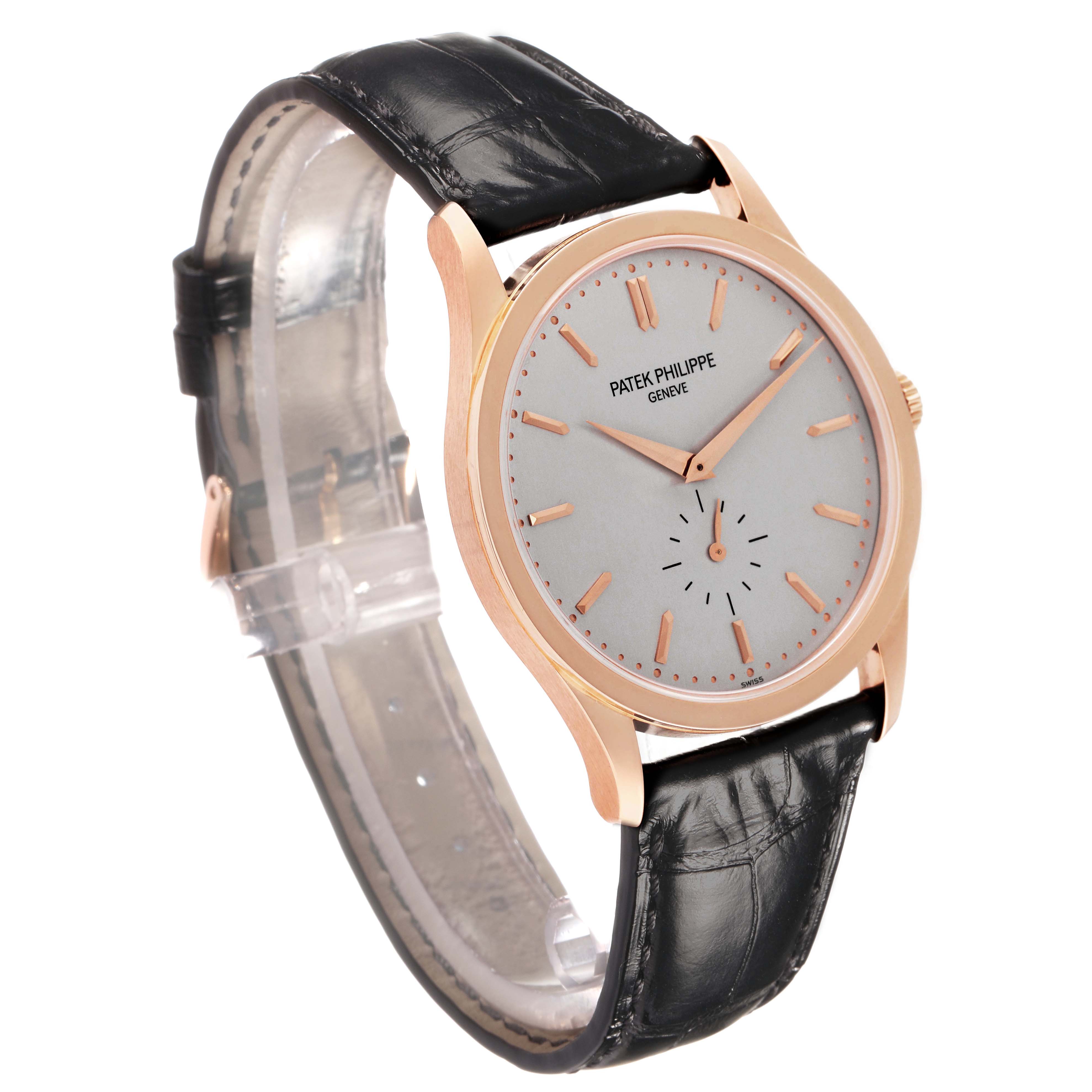 The Patek Philippe Calatrava 5196R Men's Rose Gold Grey Dial watch is shown at a slight angled view, displaying the face, bezel, and part of the strap.