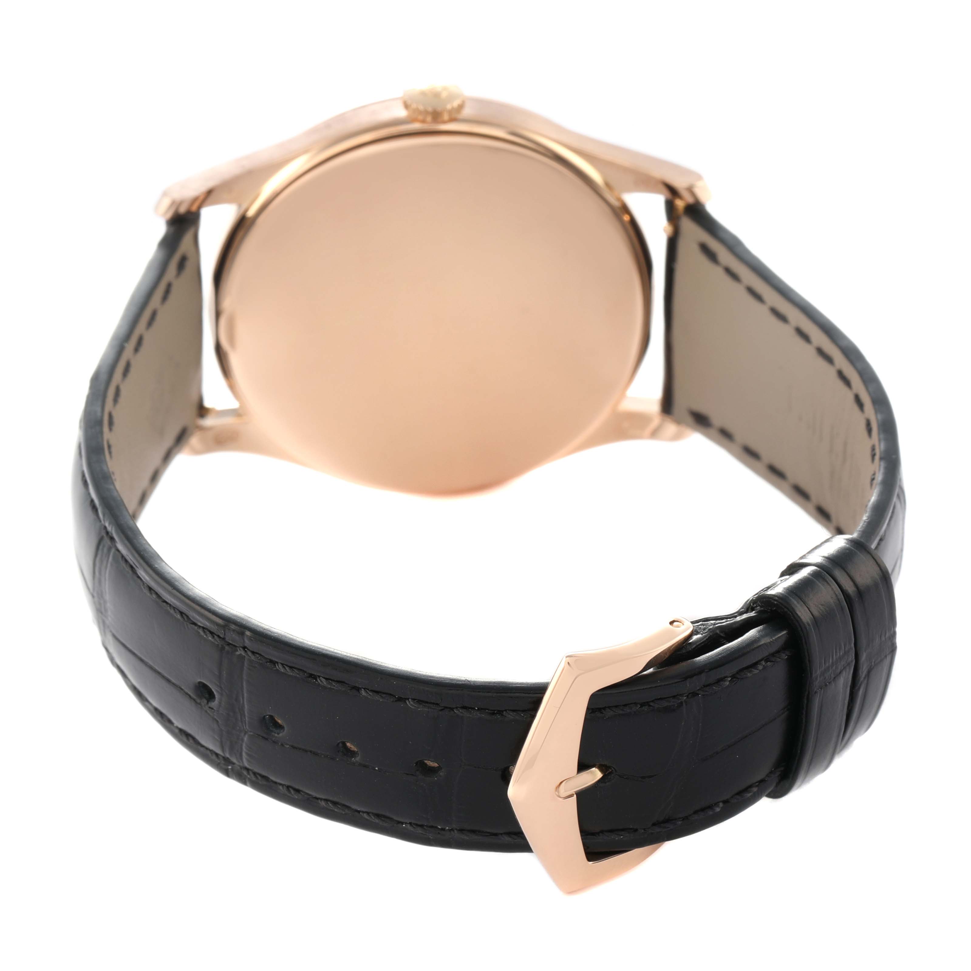 The image shows the back view of a Patek Philippe Calatrava 5196R Men's Rose Gold Grey Dial watch, highlighting the case back, strap, and clasp.