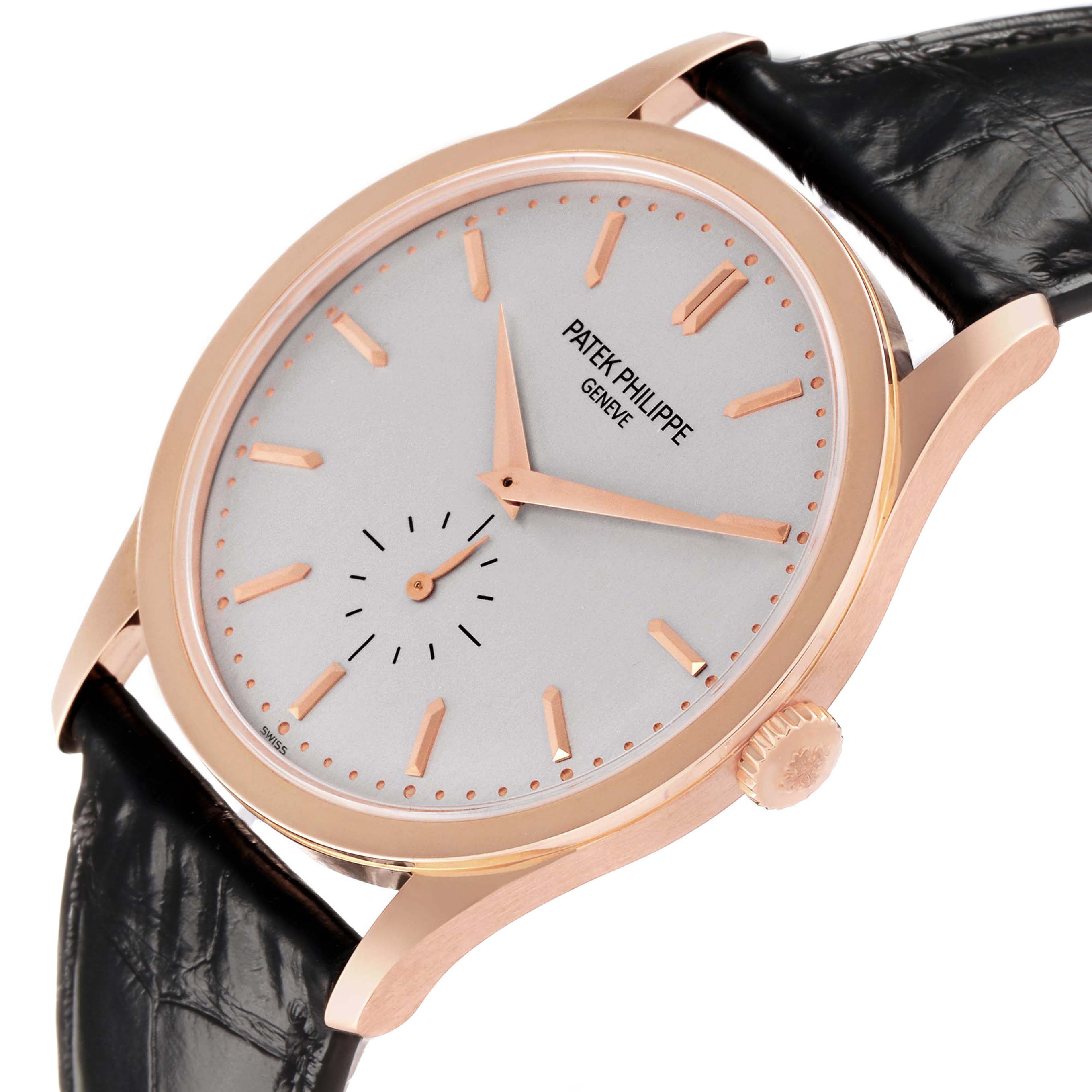 The Patek Philippe Calatrava 5196R Men's Rose Gold Grey Dial watch is shown at a 3/4 angle, displaying the face, crown, and leather strap.