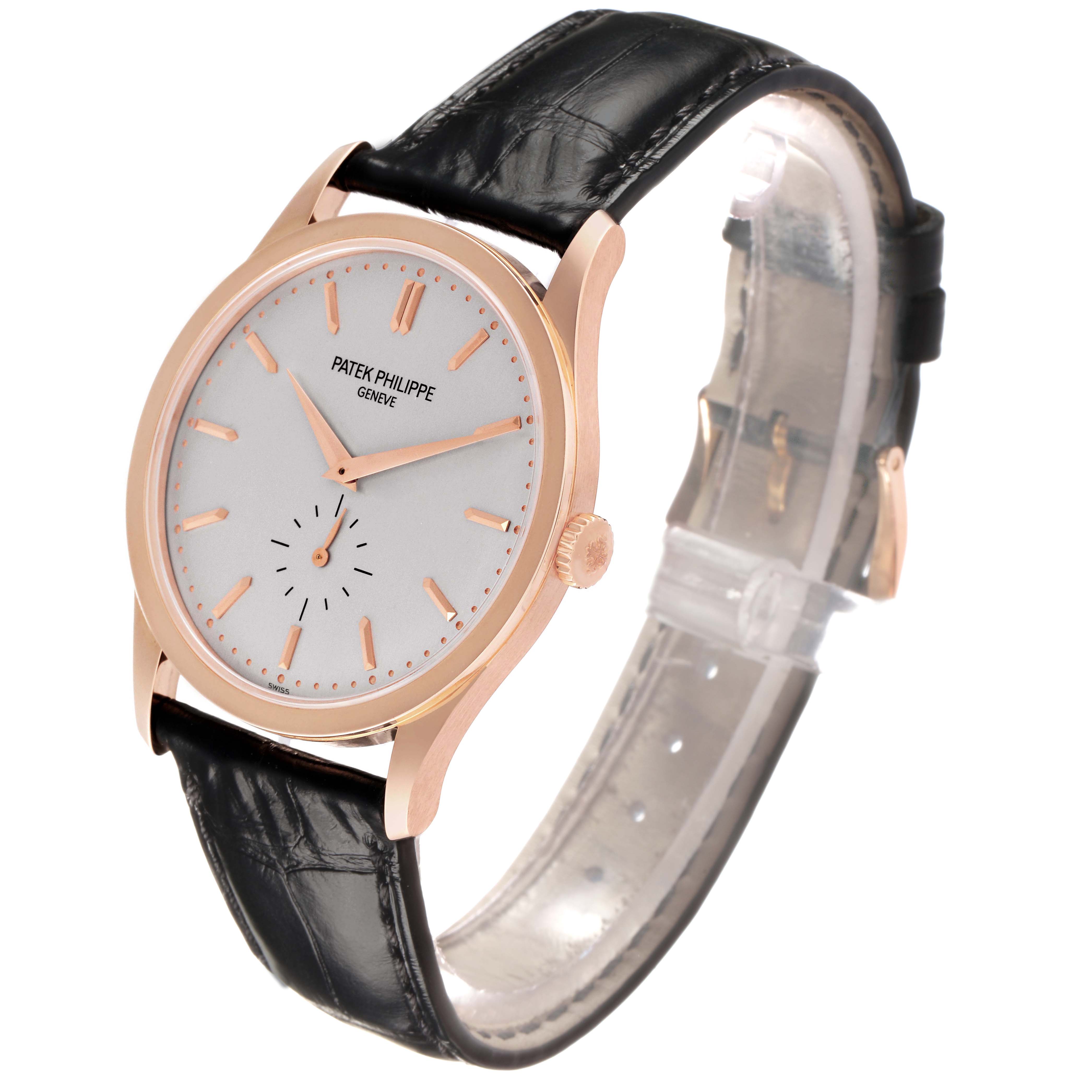 The Patek Philippe Calatrava 5196R Men's Rose Gold Grey Dial watch is shown at a three-quarter angle, displaying the face, case, crown, and leather strap.
