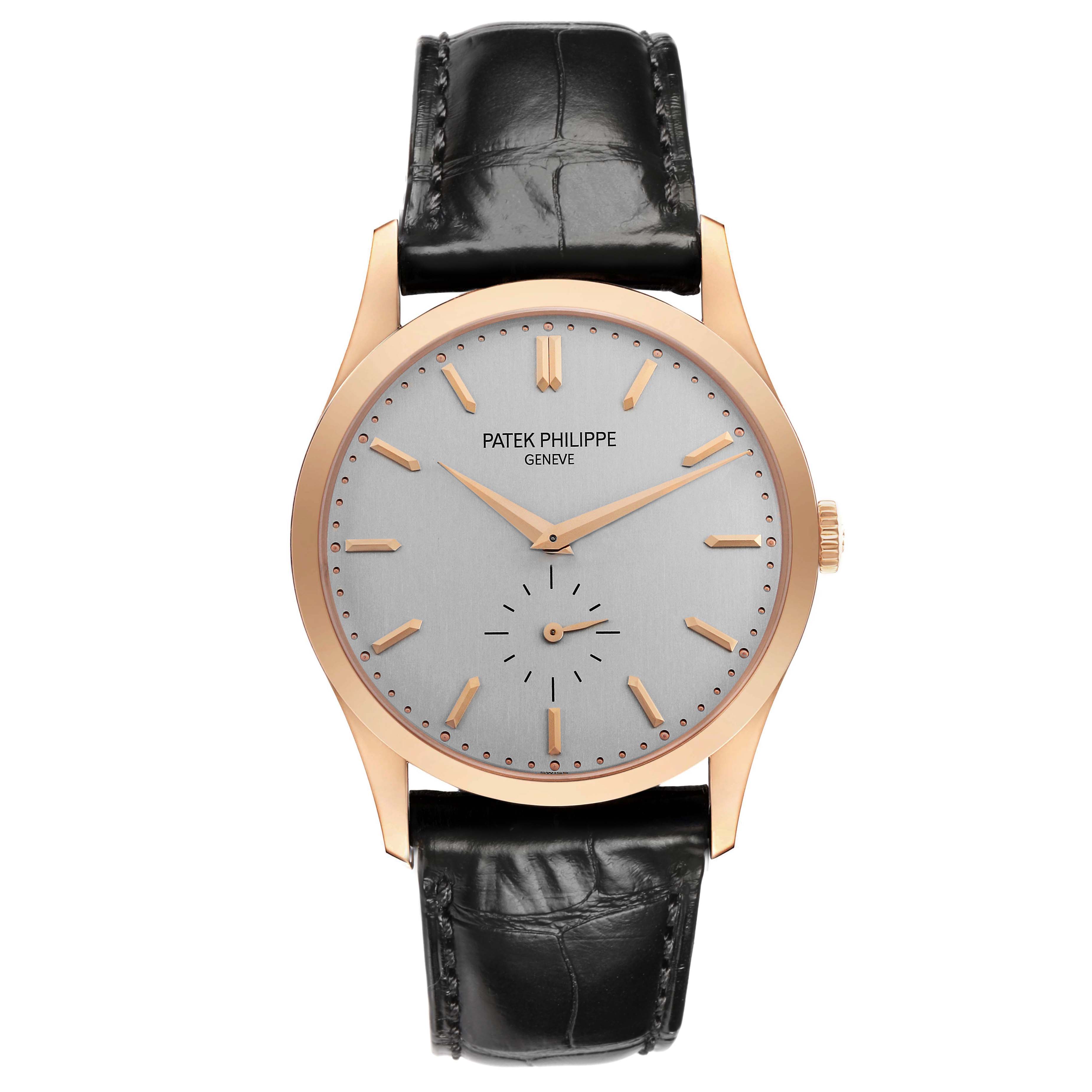 The Patek Philippe Calatrava 5196R Men's Rose Gold Grey Dial watch is shown from the front, displaying the face, lugs, crown, and black leather strap.