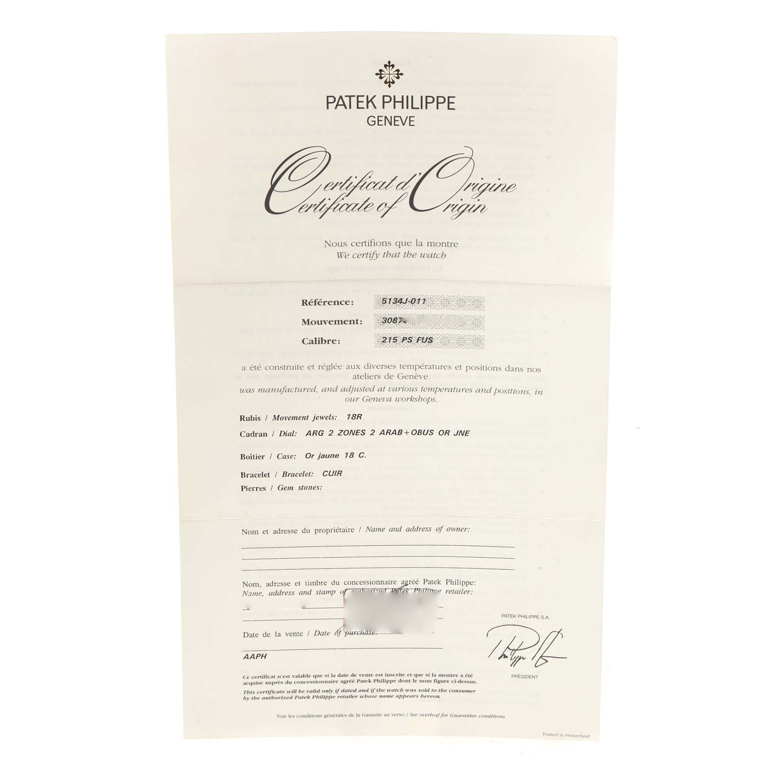 The image shows the Certificate of Origin for the Calatrava model by Patek Philippe.