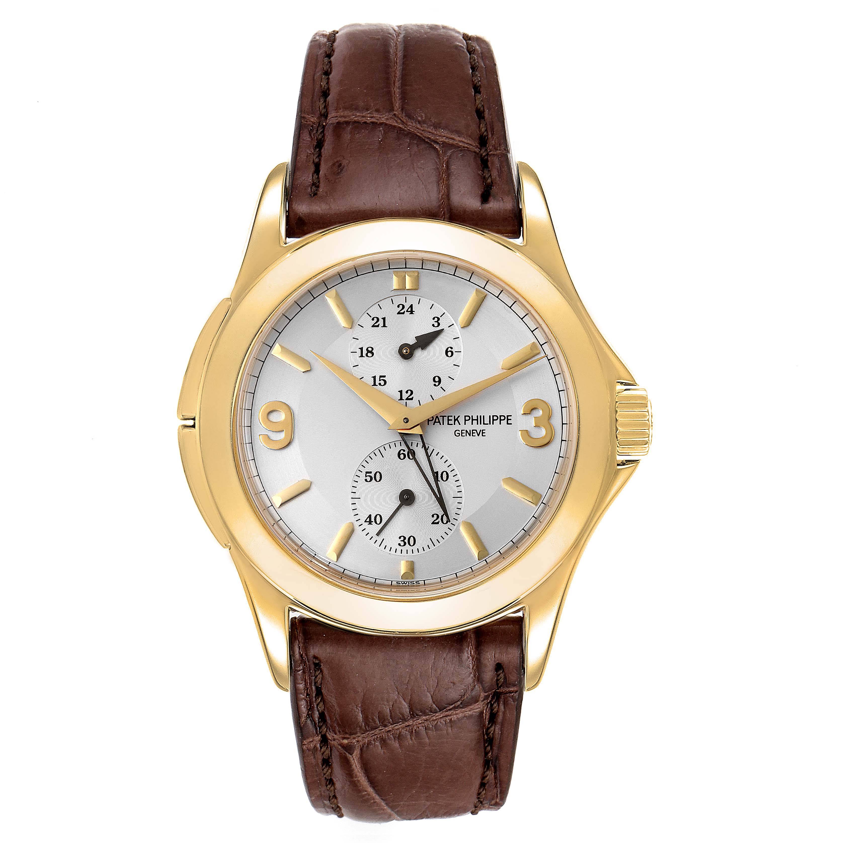 The image shows a front view of a Patek Philippe Calatrava 5134J Men
s Yellow Gold White Dial 5134J Men
s Yellow Gold White Dial watch with a gold case and brown leather strap.