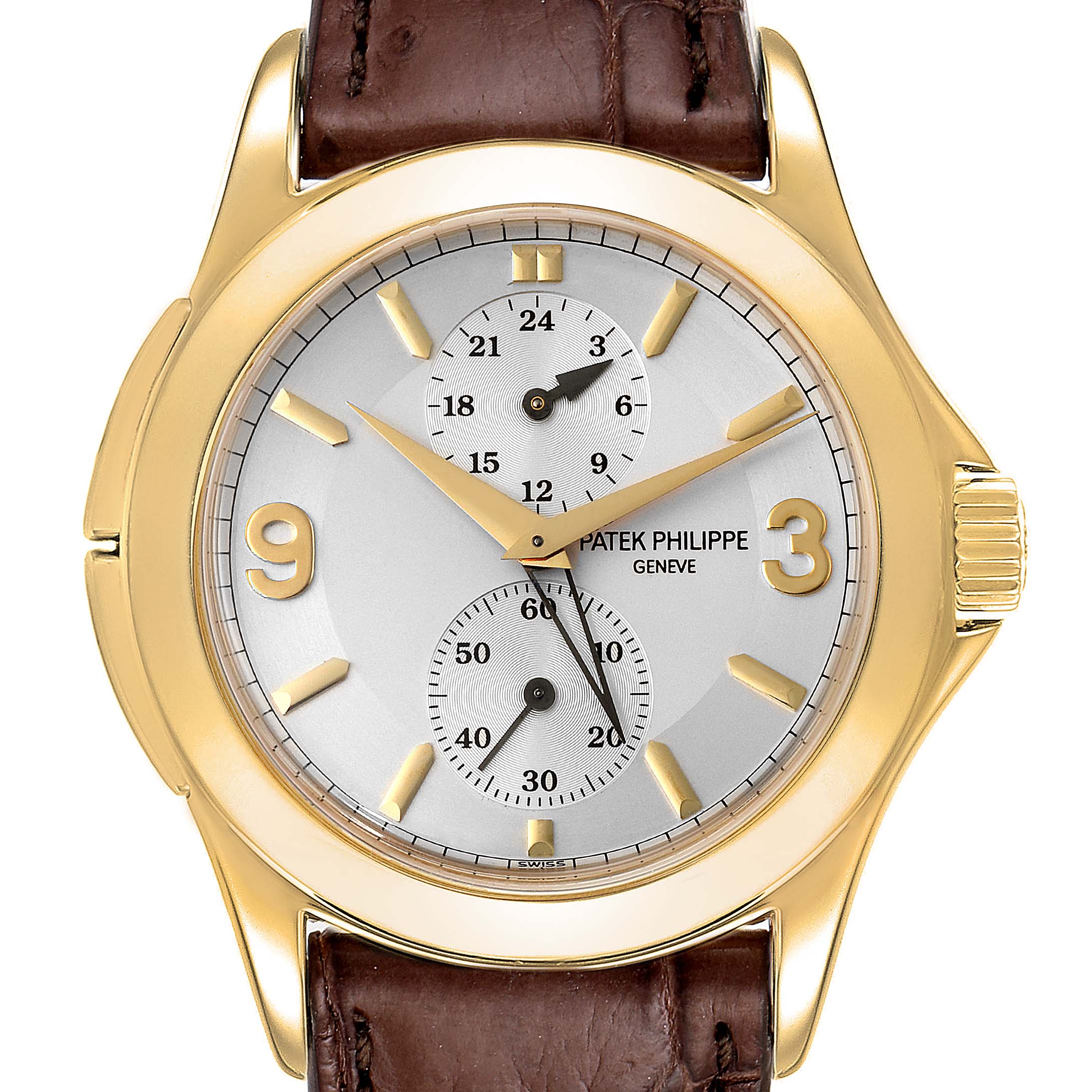 This Patek Philippe Calatrava 5134J Men
s Yellow Gold White Dial 5134J Men
s Yellow Gold White Dial watch is shown from the front, displaying the dial, hands, numerals, and brown leather strap.