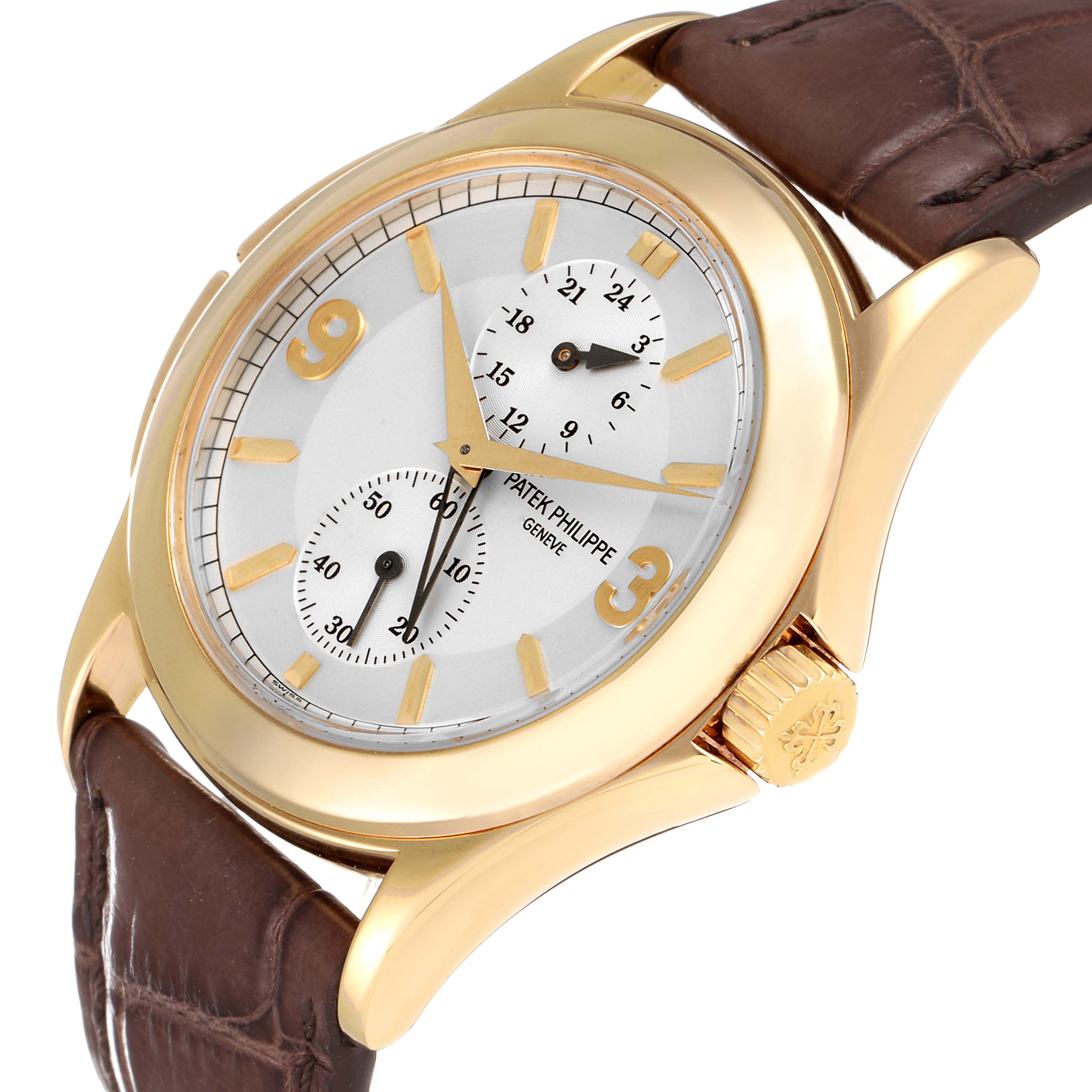 The image shows a side-angle view of a Patek Philippe Calatrava 5134J Men
s Yellow Gold White Dial 5134J Men
s Yellow Gold White Dial watch, highlighting its gold case, crown, and brown leather strap.
