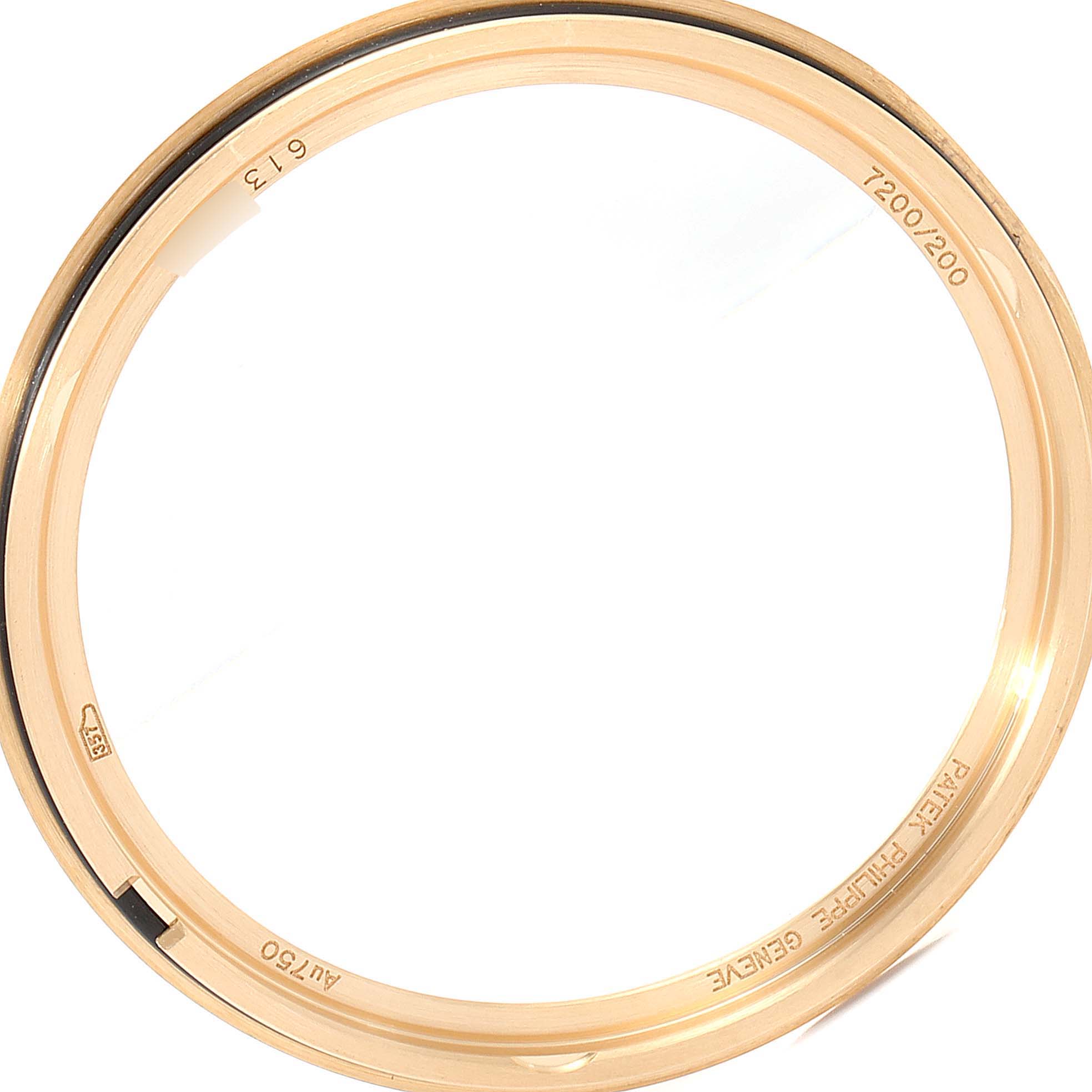 This image shows a gold bezel for a Patek Philippe Calatrava 7200/200R Women's Rose Gold Silver Dial 7200/200R Women's Rose Gold Silver Dial watch, viewed from the top.