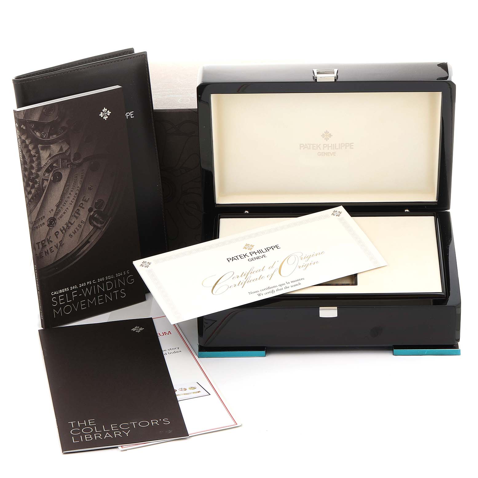 The image shows the Patek Philippe Calatrava 7200/200R Women's Rose Gold Silver Dial 7200/200R Women's Rose Gold Silver Dial watch box and its accompanying documents, including a Certificate of Origin.