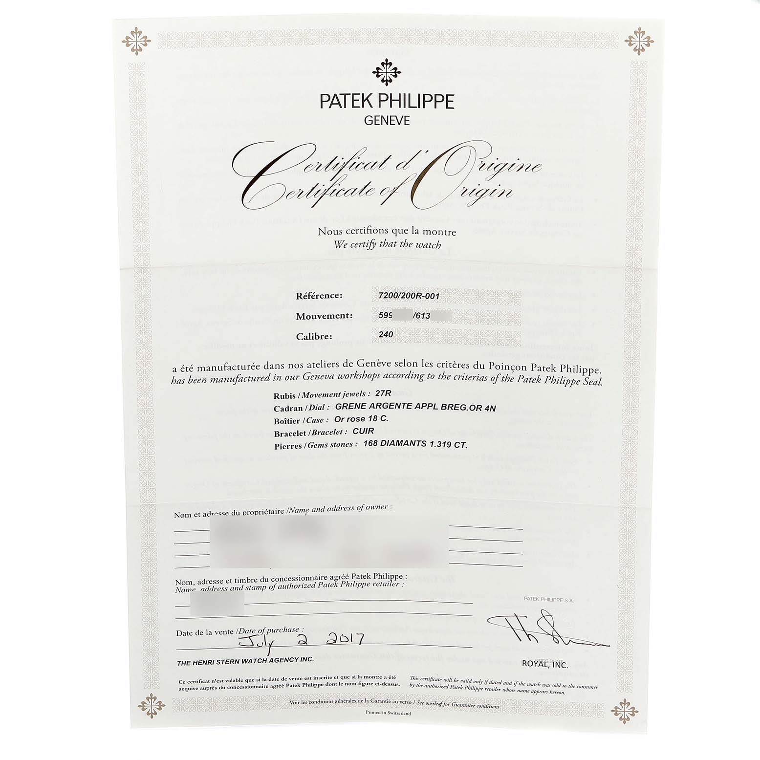 This image shows the Certificate of Origin for the Patek Philippe Calatrava 7200/200R Women's Rose Gold Silver Dial 7200/200R Women's Rose Gold Silver Dial model watch.
