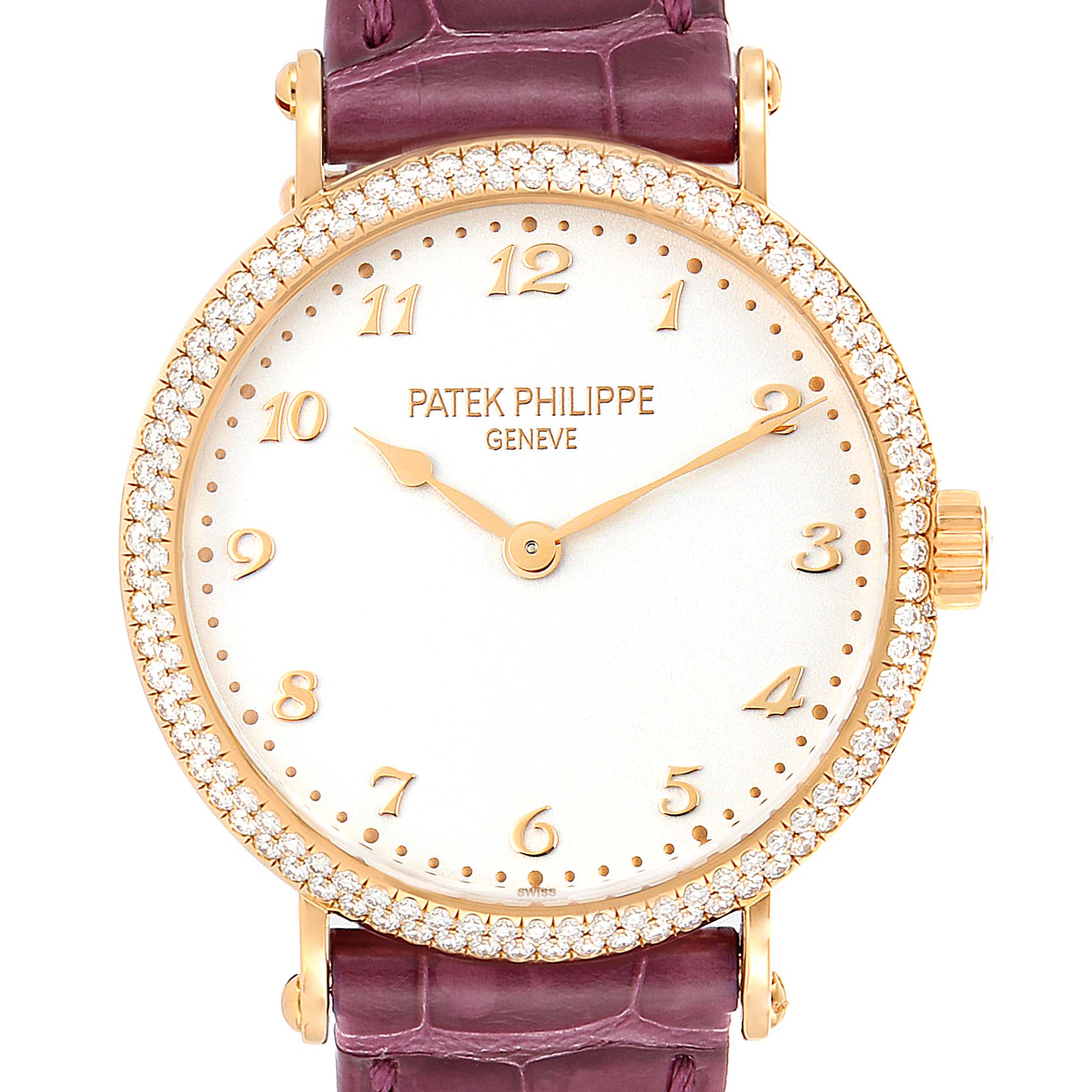 This image shows a front view of a Patek Philippe Calatrava 7200/200R Women's Rose Gold Silver Dial 7200/200R Women's Rose Gold Silver Dial watch with a gem-encrusted bezel and a purple leather strap.