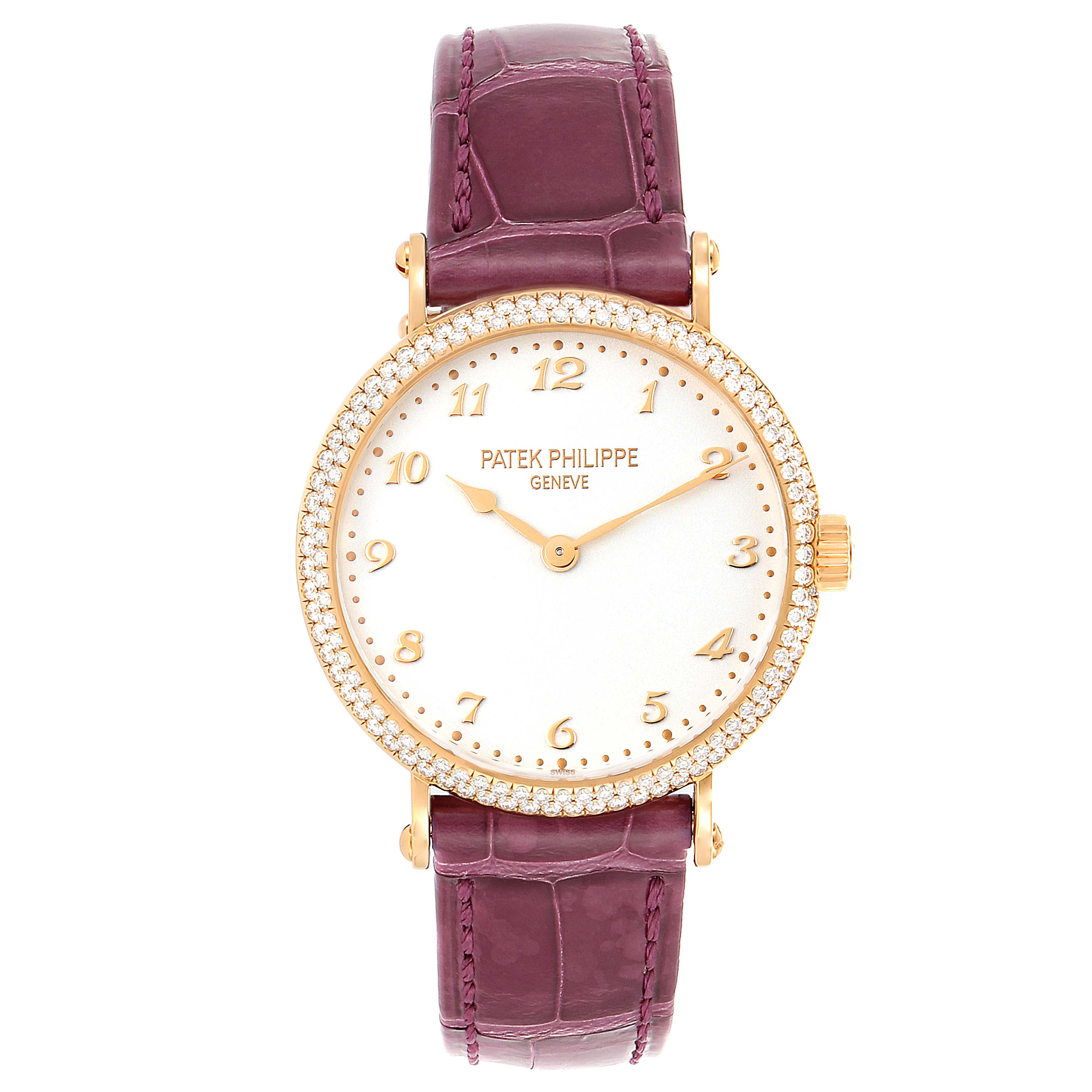 The image shows a front view of a Patek Philippe Calatrava 7200/200R Women's Rose Gold Silver Dial 7200/200R Women's Rose Gold Silver Dial watch with a purple leather strap and diamond bezel.