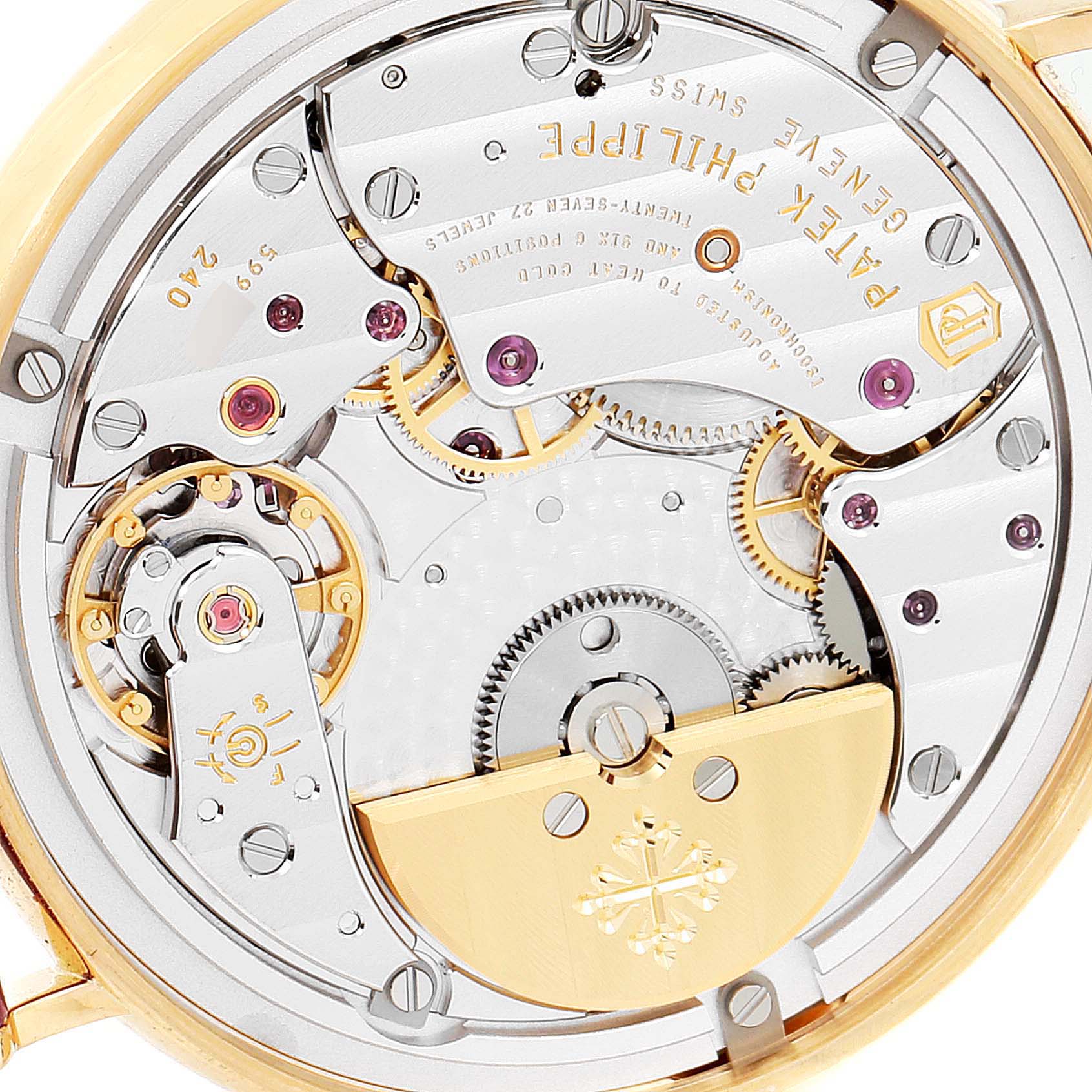 The image shows the detailed view of the movement and inner mechanics of a Patek Philippe Calatrava 7200/200R Women's Rose Gold Silver Dial 7200/200R Women's Rose Gold Silver Dial watch.