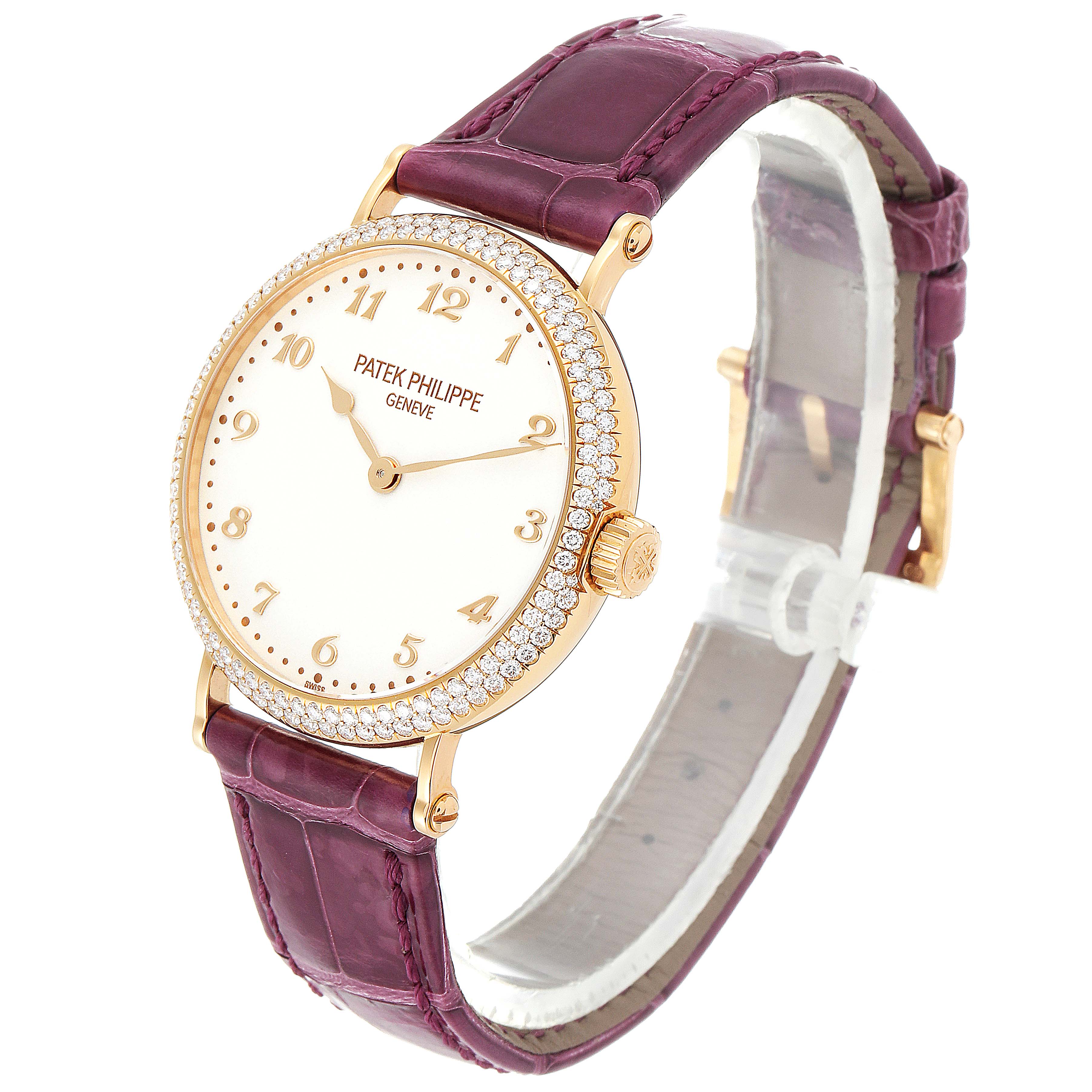 This image shows a side angle of a Patek Philippe Calatrava 7200/200R Women's Rose Gold Silver Dial 7200/200R Women's Rose Gold Silver Dial watch, highlighting its face, bezel, crown, and leather strap.