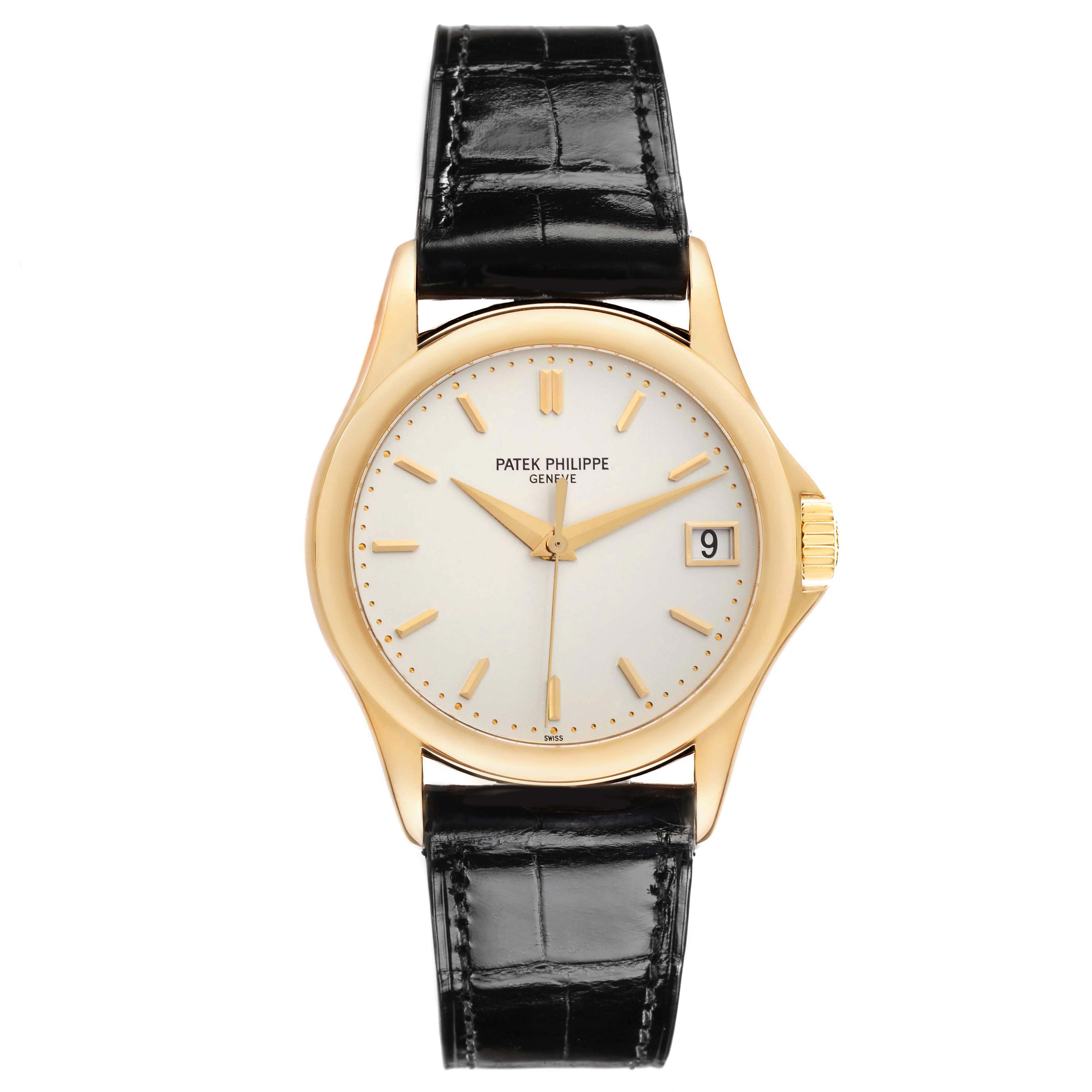 The Patek Philippe Calatrava 5107J Men's Yellow Gold Silver Dial watch is shown from the front, displaying its dial, hands, date window, case, and leather strap.