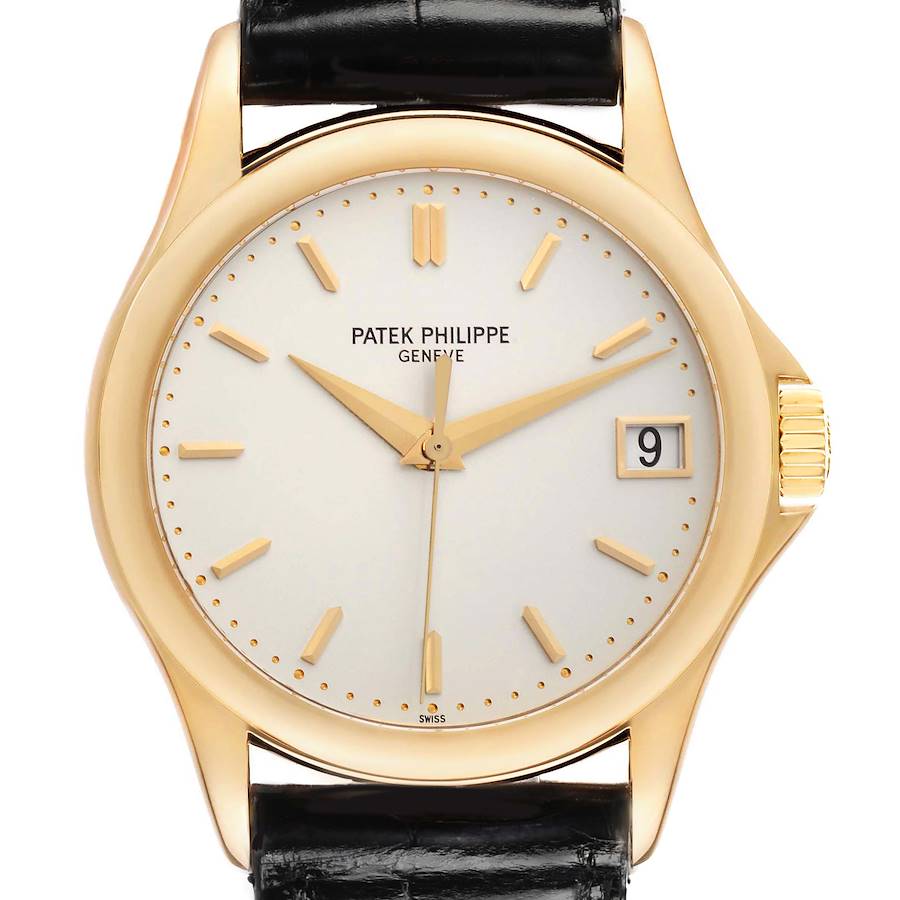 The Patek Philippe Calatrava 5107J Men's Yellow Gold Silver Dial is shown front-facing, displaying the dial, hands, date, and part of the leather strap.