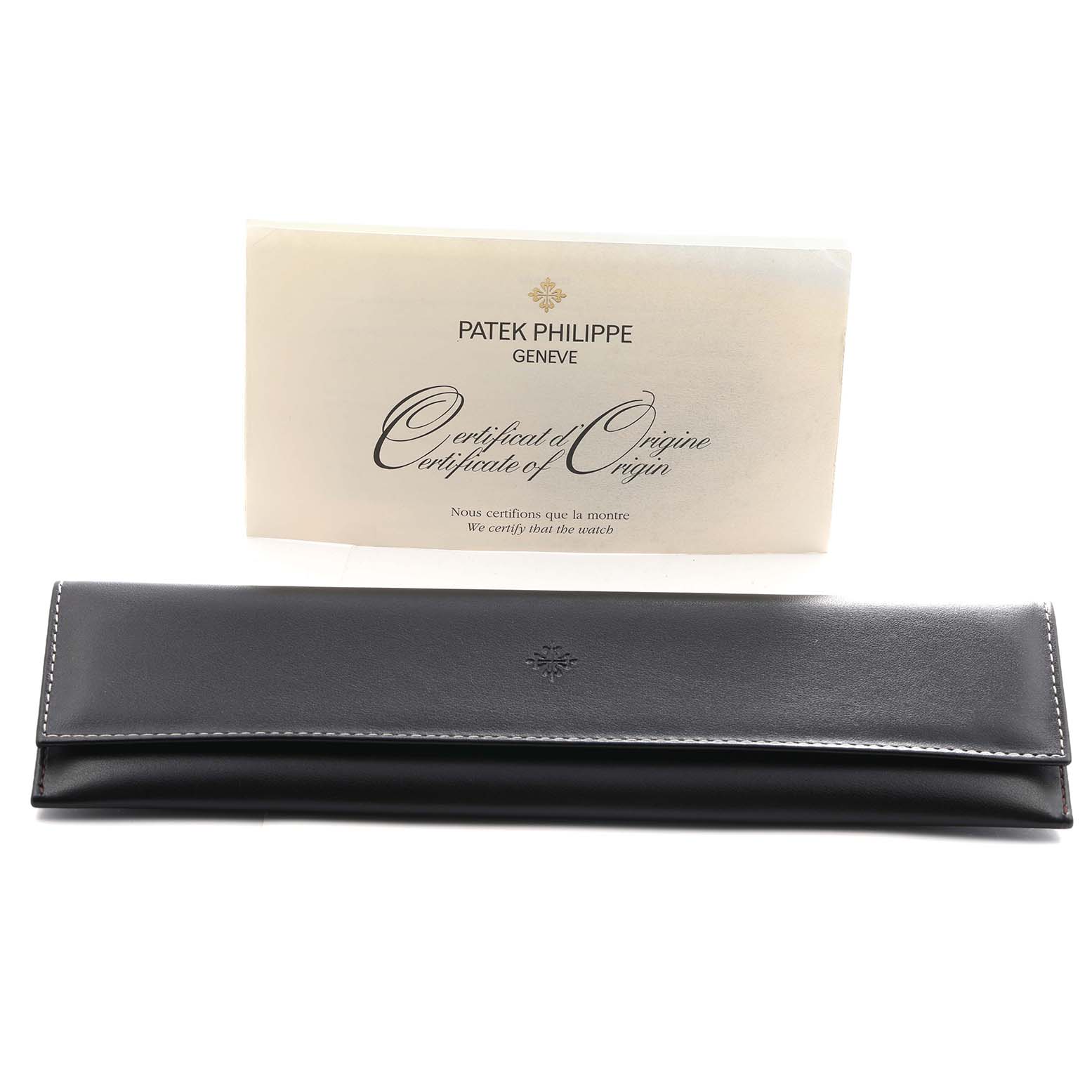 The image shows a Patek Philippe Calatrava 5107J Men's Yellow Gold Silver Dial certificate of origin and a black leather pouch.