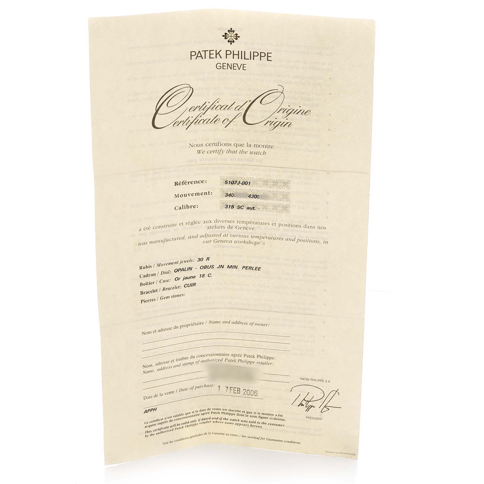 This image shows the Certificate of Origin for the Calatrava model by Patek Philippe, not the watch itself.