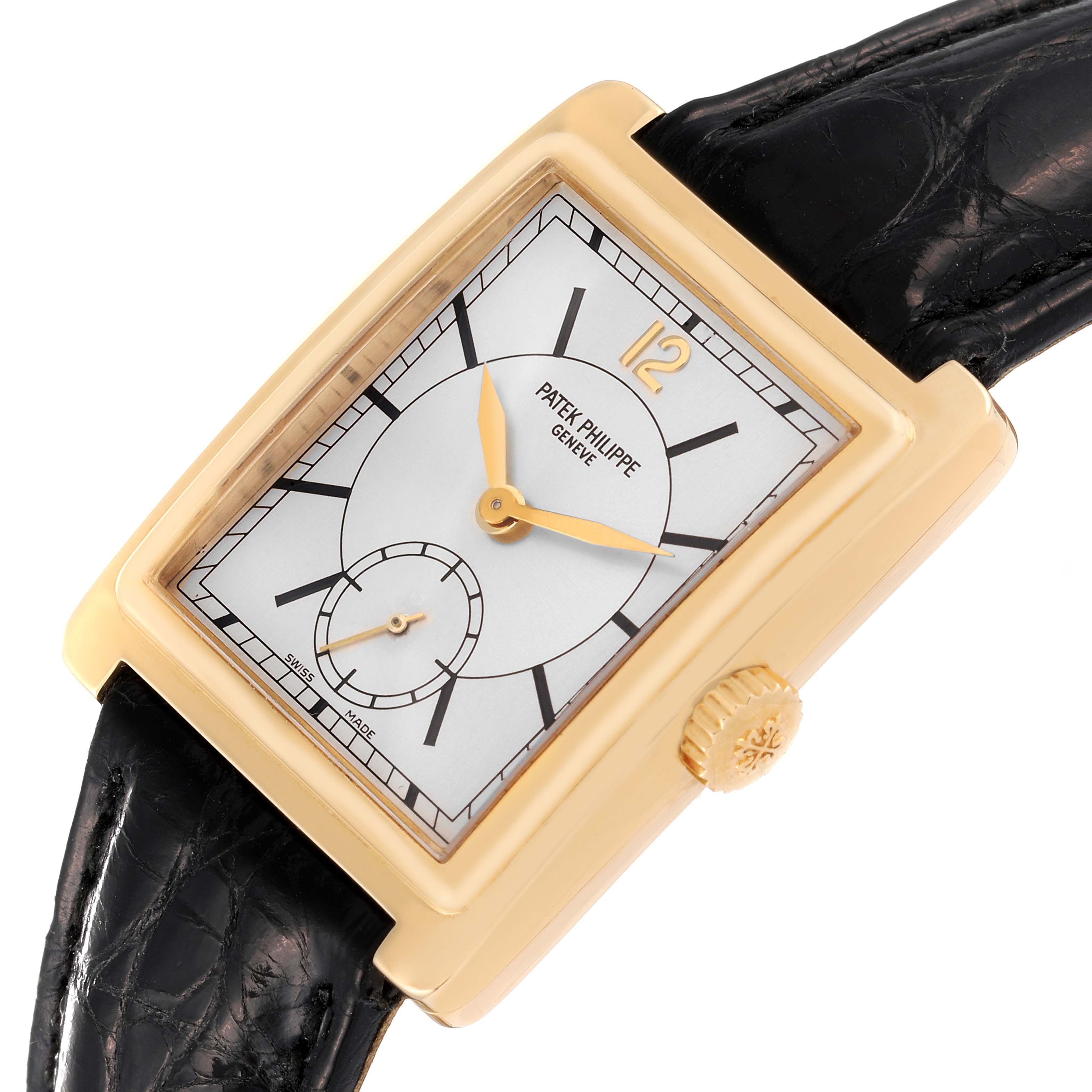 This image shows a Patek Philippe Gondolo 5010J Men's Yellow Gold Silver Dial 5010J Men's Yellow Gold Silver Dial watch at a slight angle, showcasing its face, hands, crown, and leather strap.