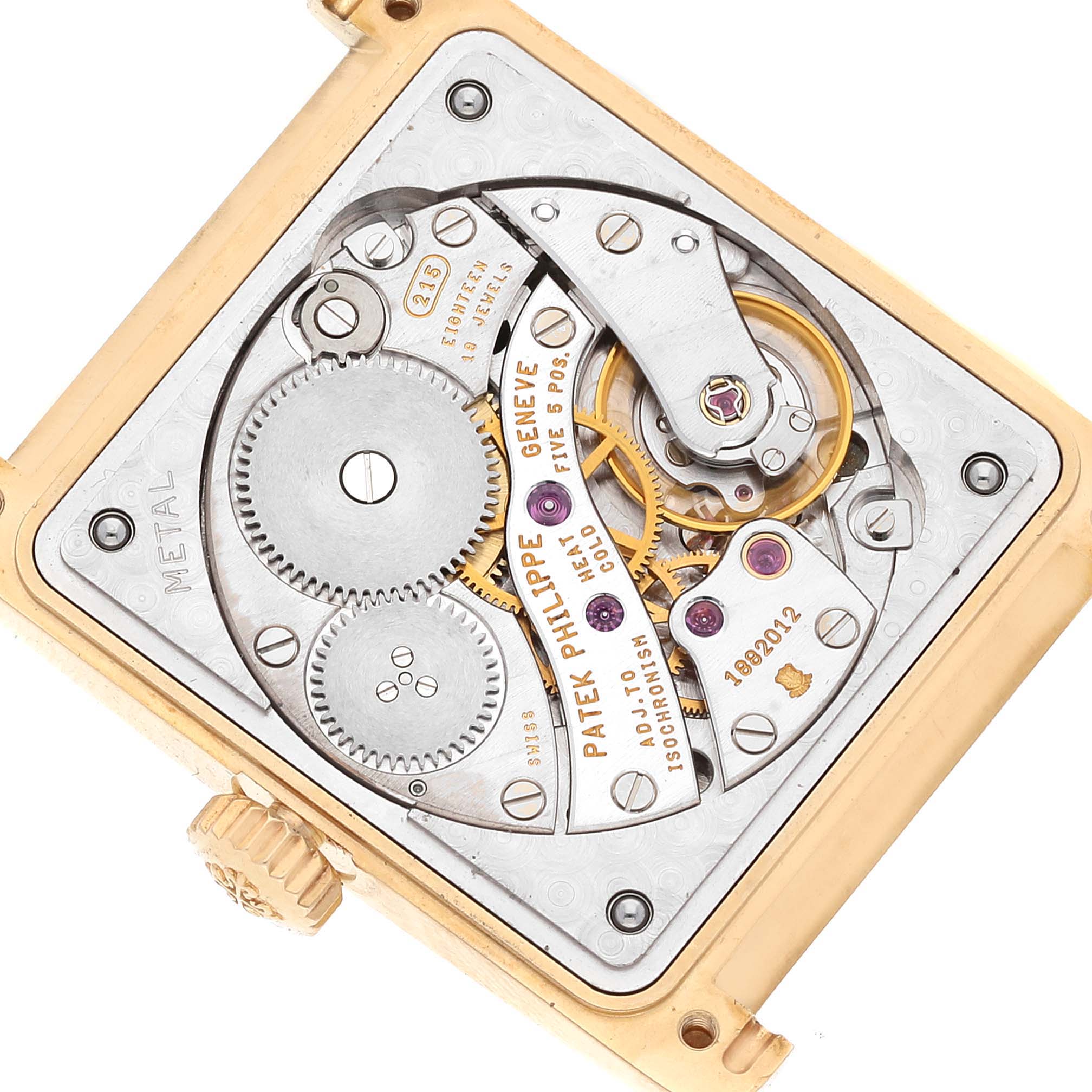 The image shows the back view of the Patek Philippe Gondolo 5010J Men's Yellow Gold Silver Dial 5010J Men's Yellow Gold Silver Dial movement, highlighting its intricate internal mechanisms.