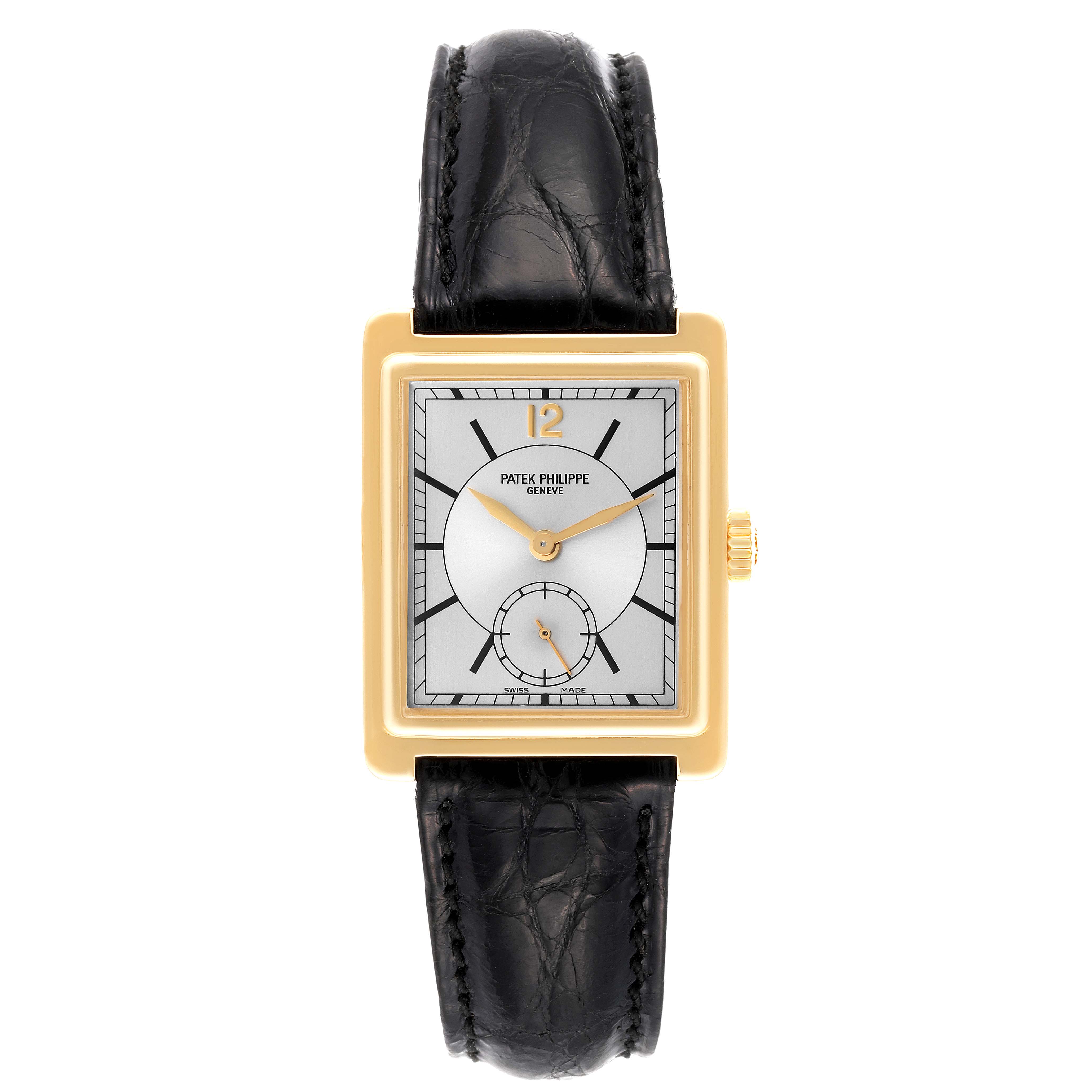 The image shows a frontal view of a Patek Philippe Gondolo 5010J Men's Yellow Gold Silver Dial 5010J Men's Yellow Gold Silver Dial watch, displaying its rectangular face, hands, and black leather strap.