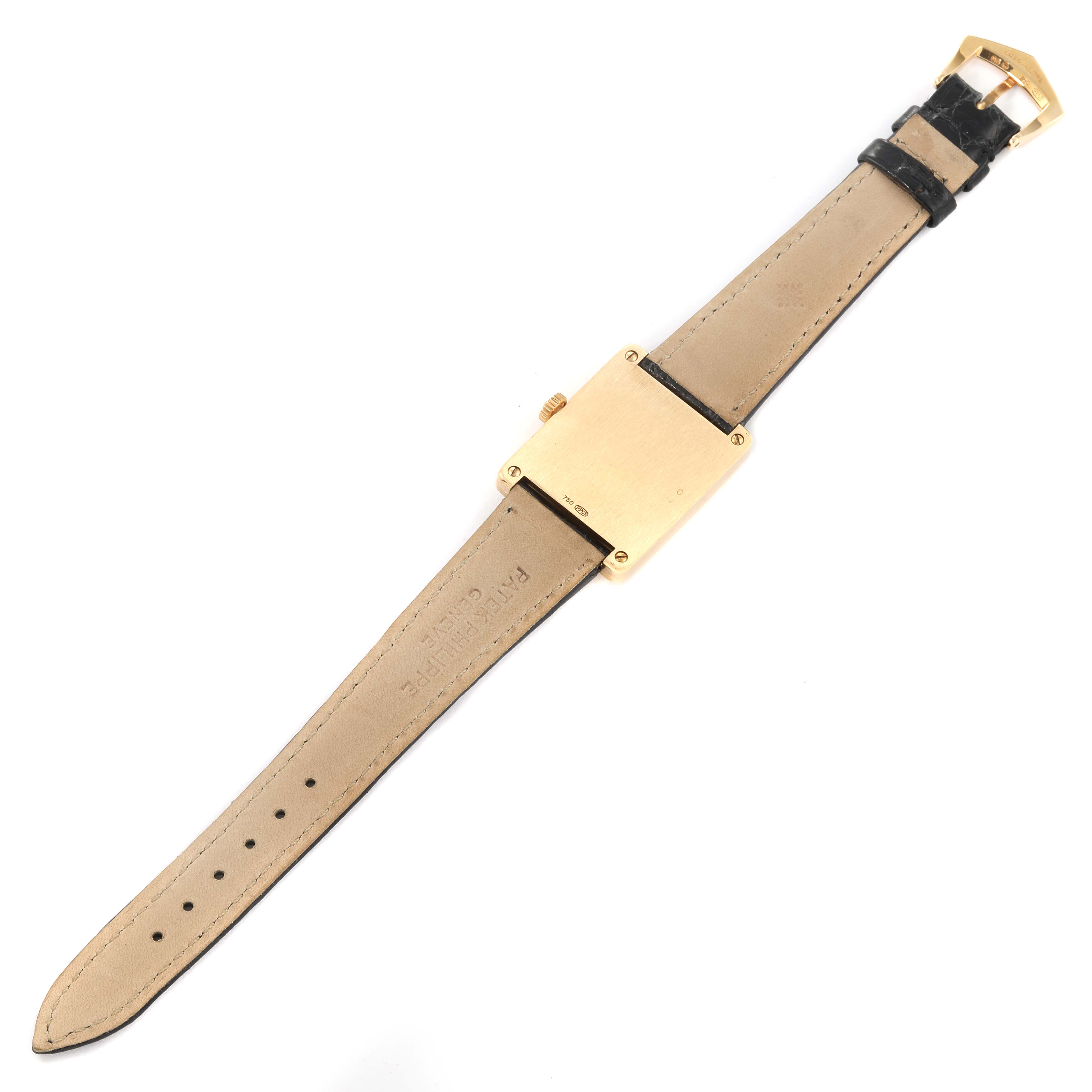 The image shows the back and strap of a Patek Philippe Gondolo 5010J Men's Yellow Gold Silver Dial 5010J Men's Yellow Gold Silver Dial watch, laid flat with the case back and buckle visible.