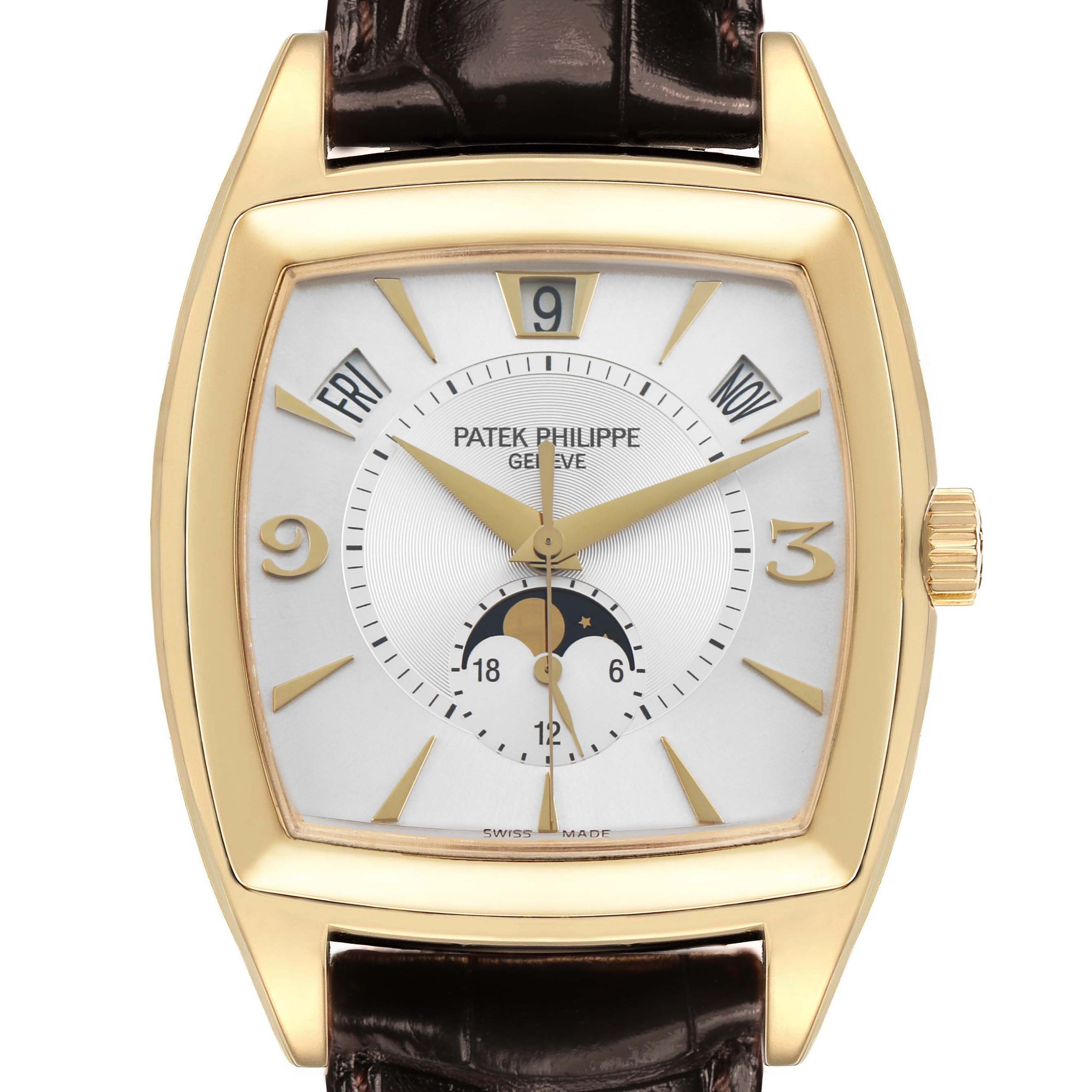 The image shows a front view of a Patek Philippe Gondolo 5135J Men's Yellow Gold White Dial watch, highlighting the dial, case, and crown.