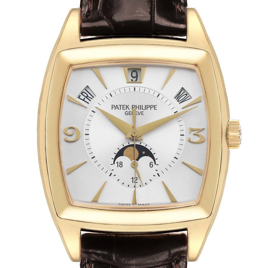 The image shows a front view of a Patek Philippe Gondolo 5135J Men's Yellow Gold White Dial watch, highlighting the dial, case, and crown.