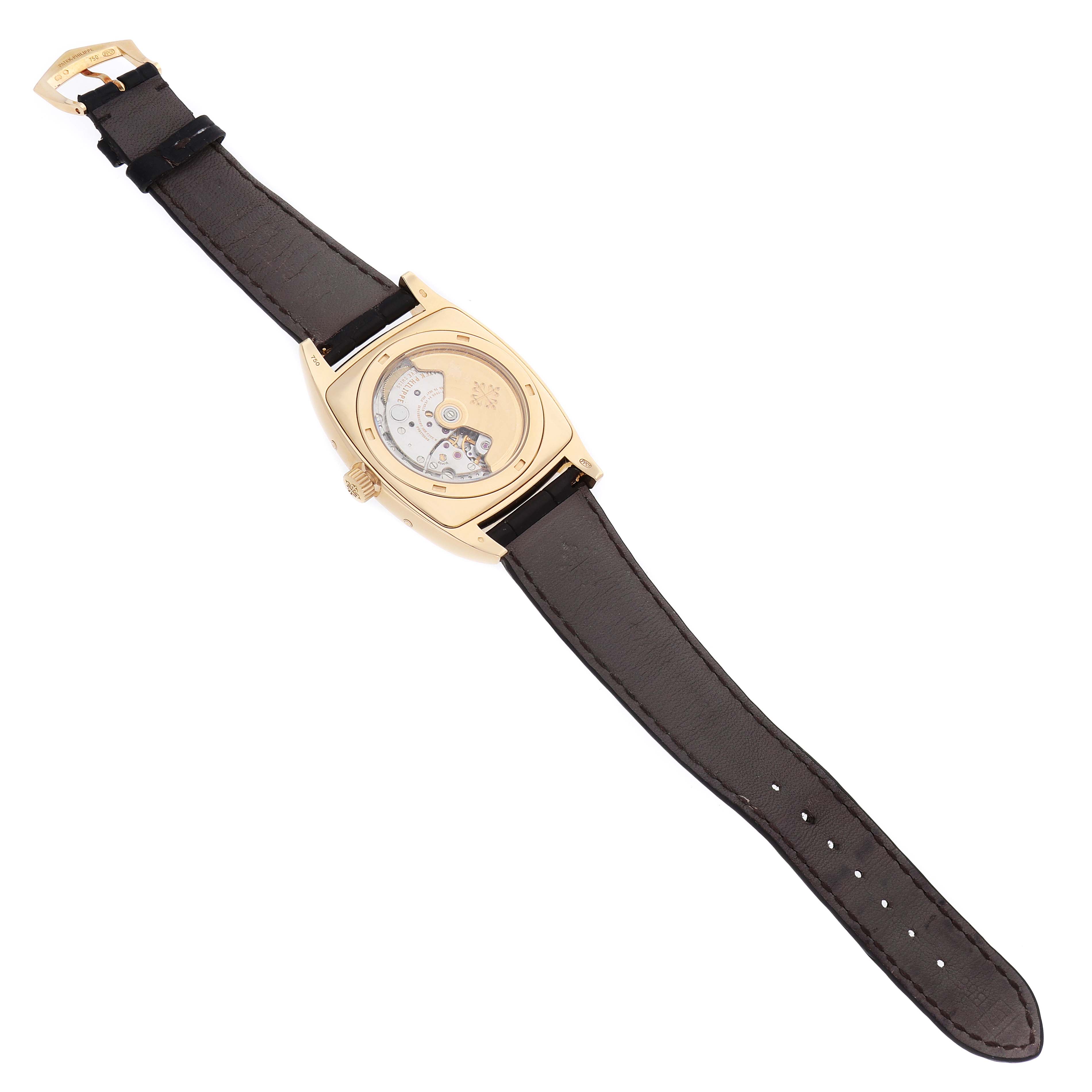 The Patek Philippe Gondolo 5135J Men's Yellow Gold White Dial watch is shown from the back, displaying its movement and leather strap.