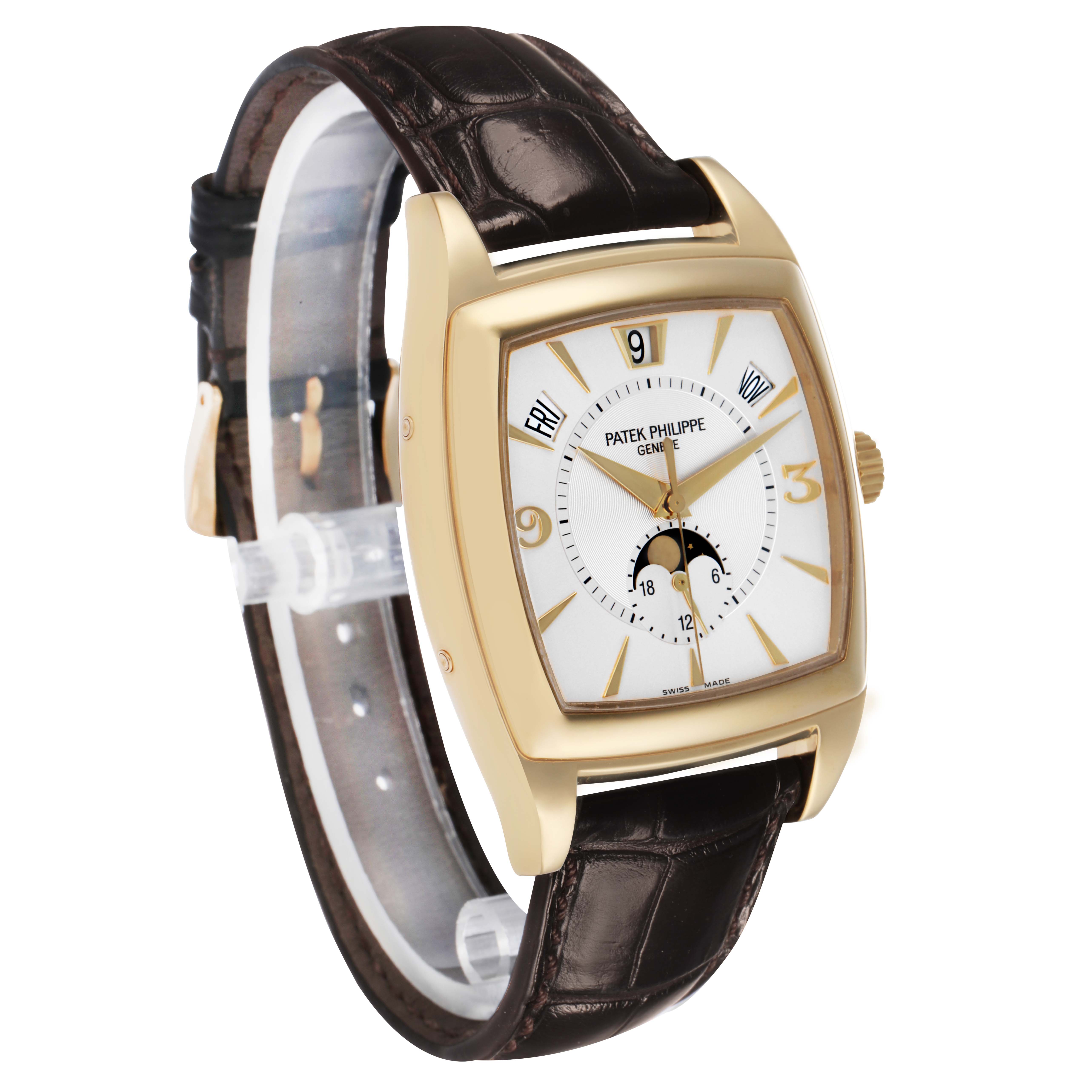 The Patek Philippe Gondolo 5135J Men's Yellow Gold White Dial watch is shown at a three-quarter angle, displaying the face, strap, and crown.