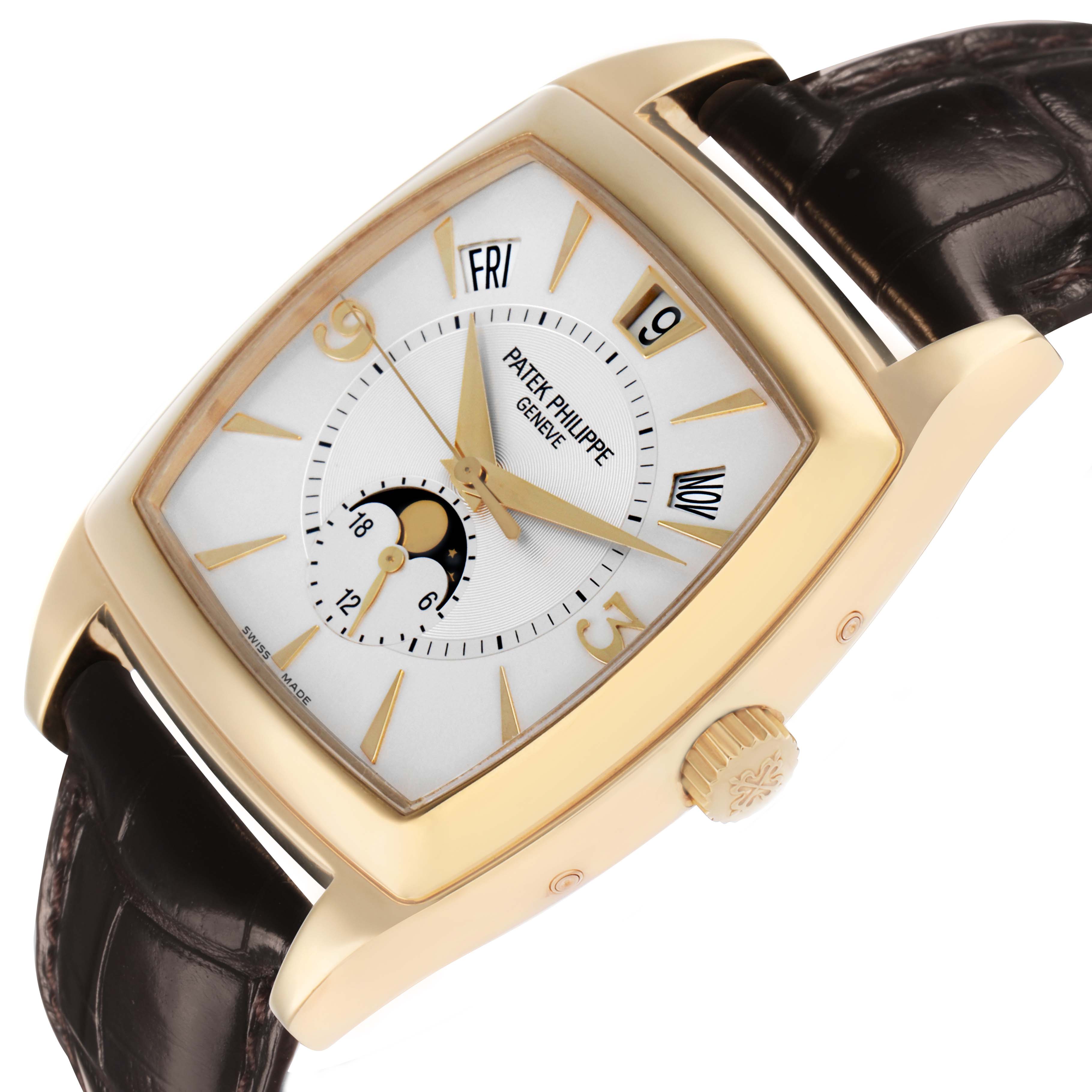 The Patek Philippe Gondolo 5135J Men's Yellow Gold White Dial watch is shown at a slight angle, featuring a rectangular face, moon phase, calendar, and a leather strap.