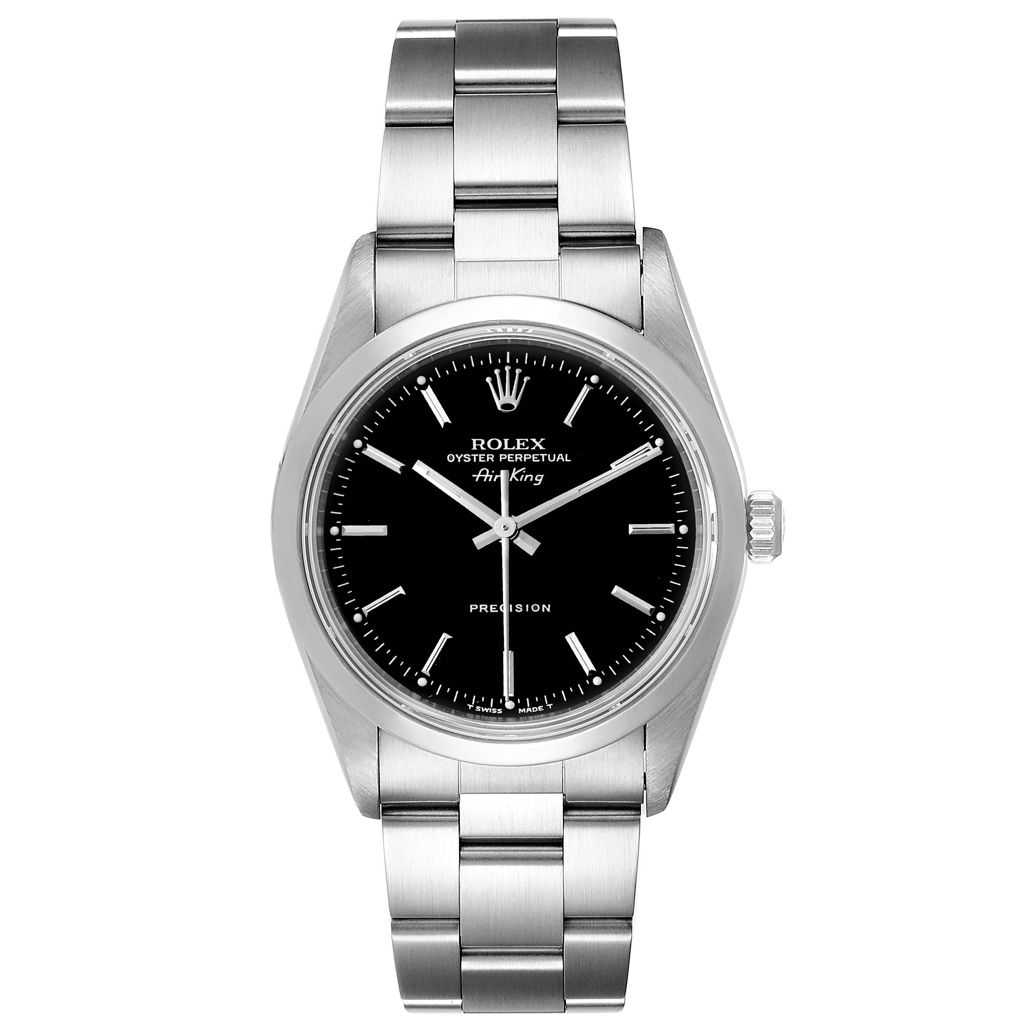 The Rolex Air-King 14000 Men's Stainless Steel Black Dial 14000 Men's Stainless Steel Black Dial watch is shown from a front view, displaying its black dial, stainless steel case, and bracelet.