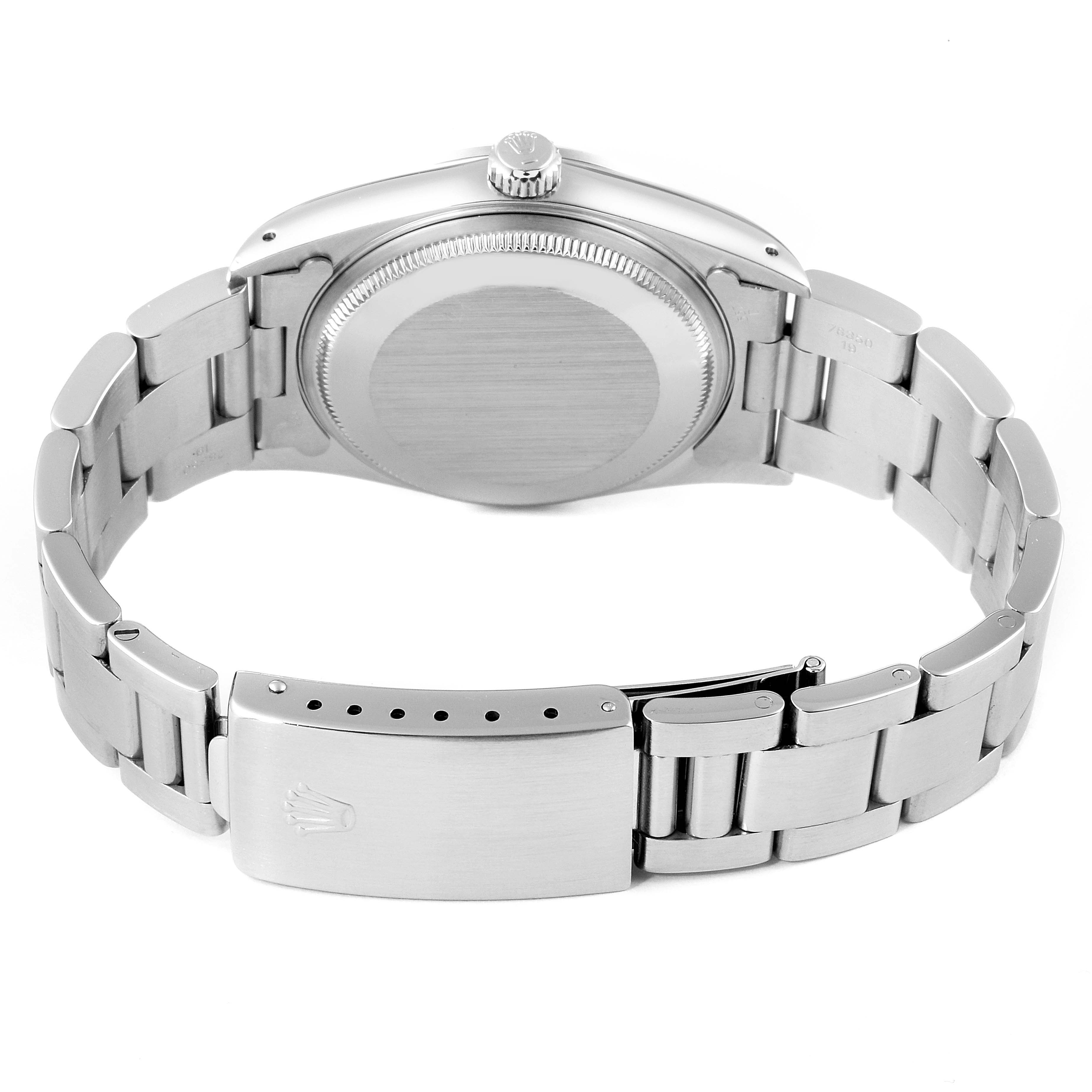 This image shows the back case and stainless steel bracelet of a Rolex Air-King 14000 Men's Stainless Steel Black Dial 14000 Men's Stainless Steel Black Dial watch from a rear angle.