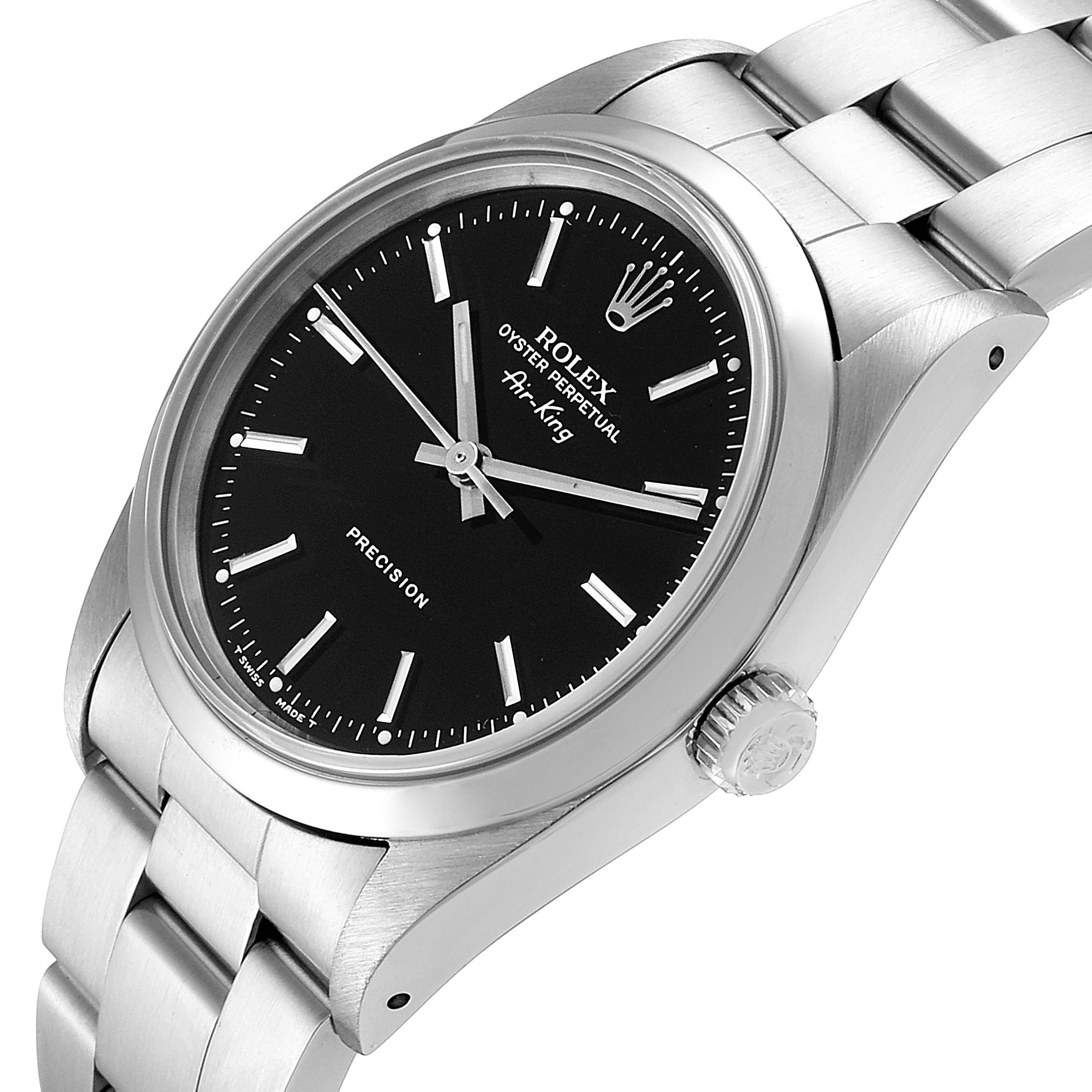 The image displays a Rolex Air-King 14000 Men's Stainless Steel Black Dial 14000 Men's Stainless Steel Black Dial watch at an oblique angle, showcasing the bezel, dial, crown, and bracelet.