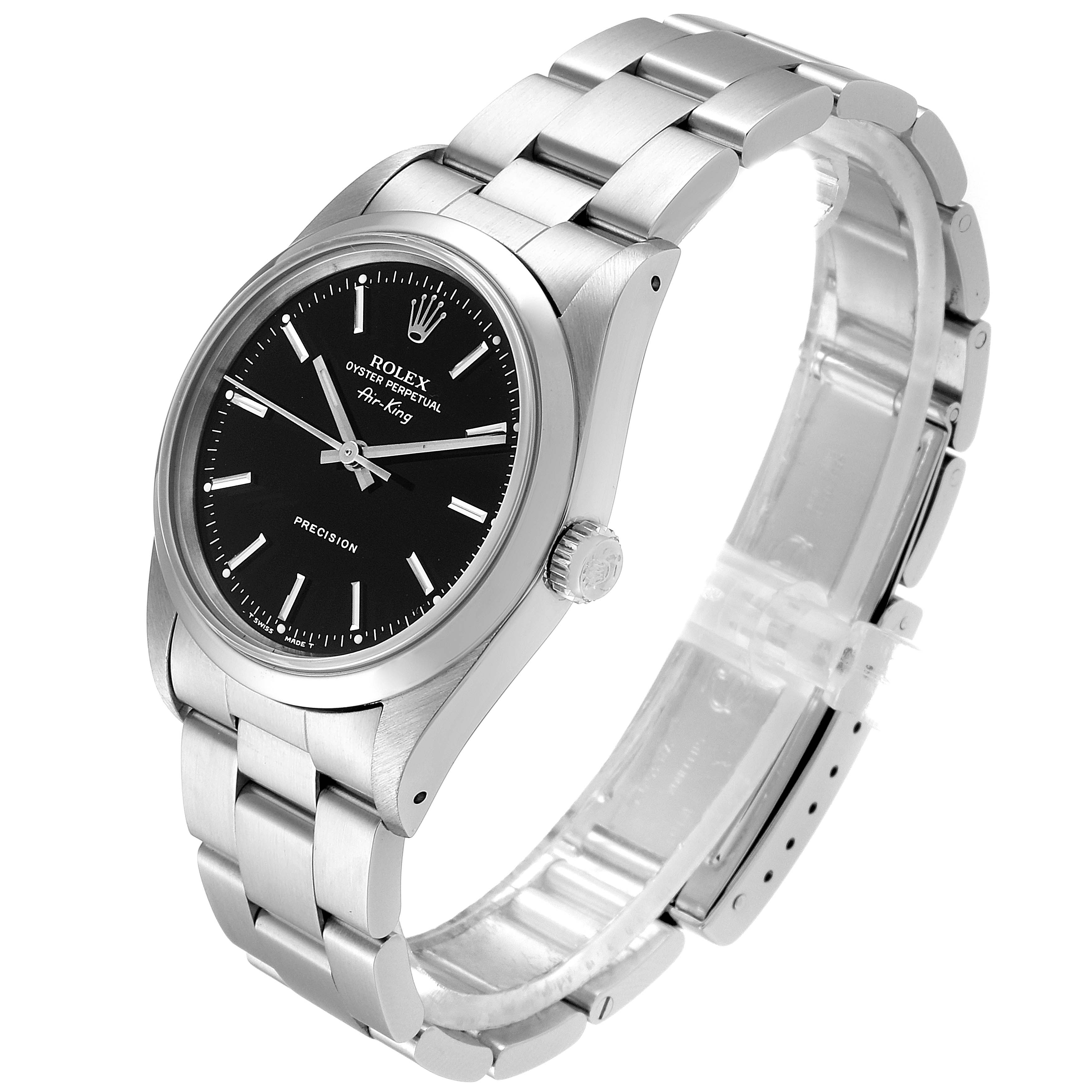 The Rolex Air-King 14000 Men's Stainless Steel Black Dial 14000 Men's Stainless Steel Black Dial watch is shown at an angle highlighting its face, crown, and full metal bracelet.
