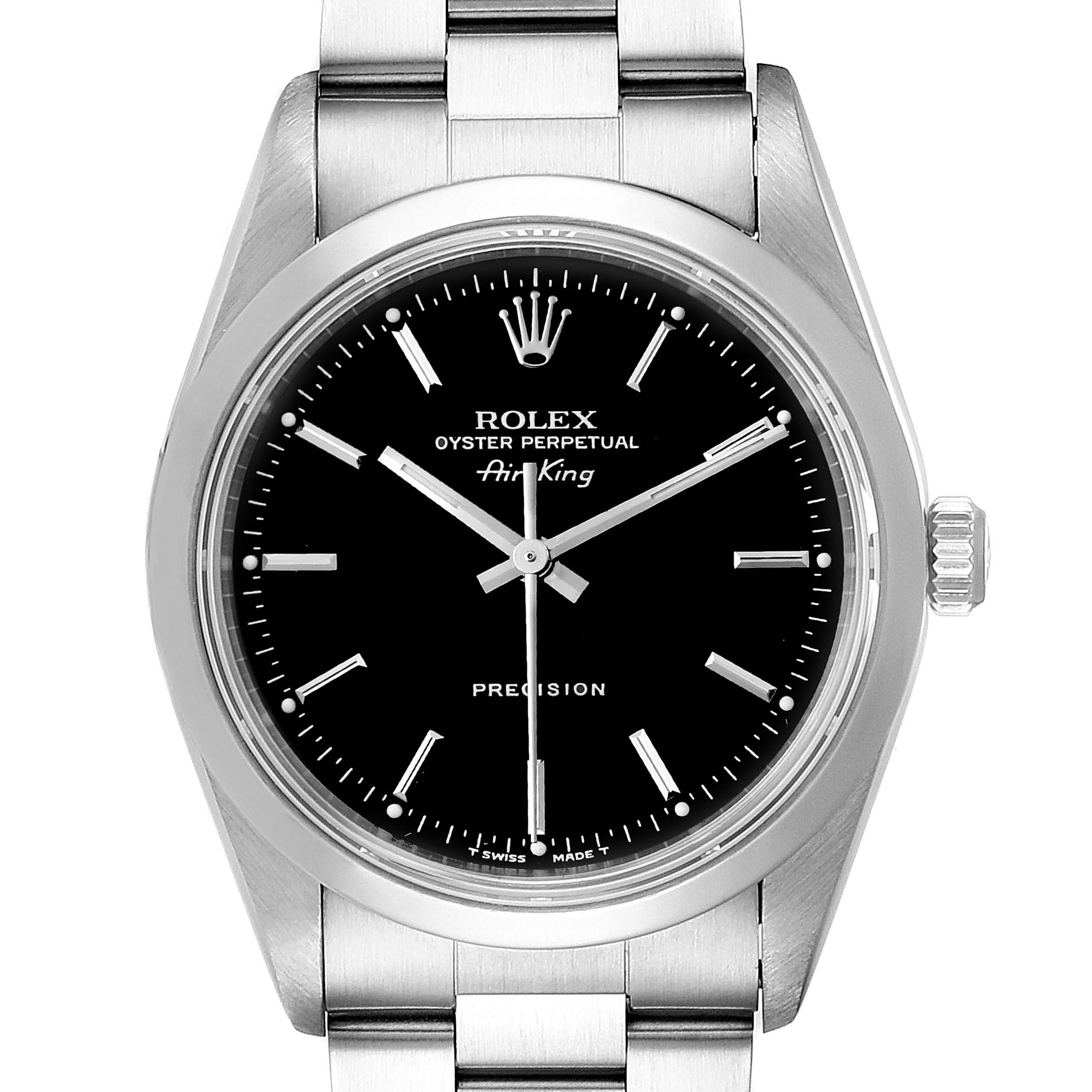 The image shows a front view of a Rolex Air-King 14000 Men's Stainless Steel Black Dial 14000 Men's Stainless Steel Black Dial watch, displaying its dial, bezel, case, crown, and bracelet.