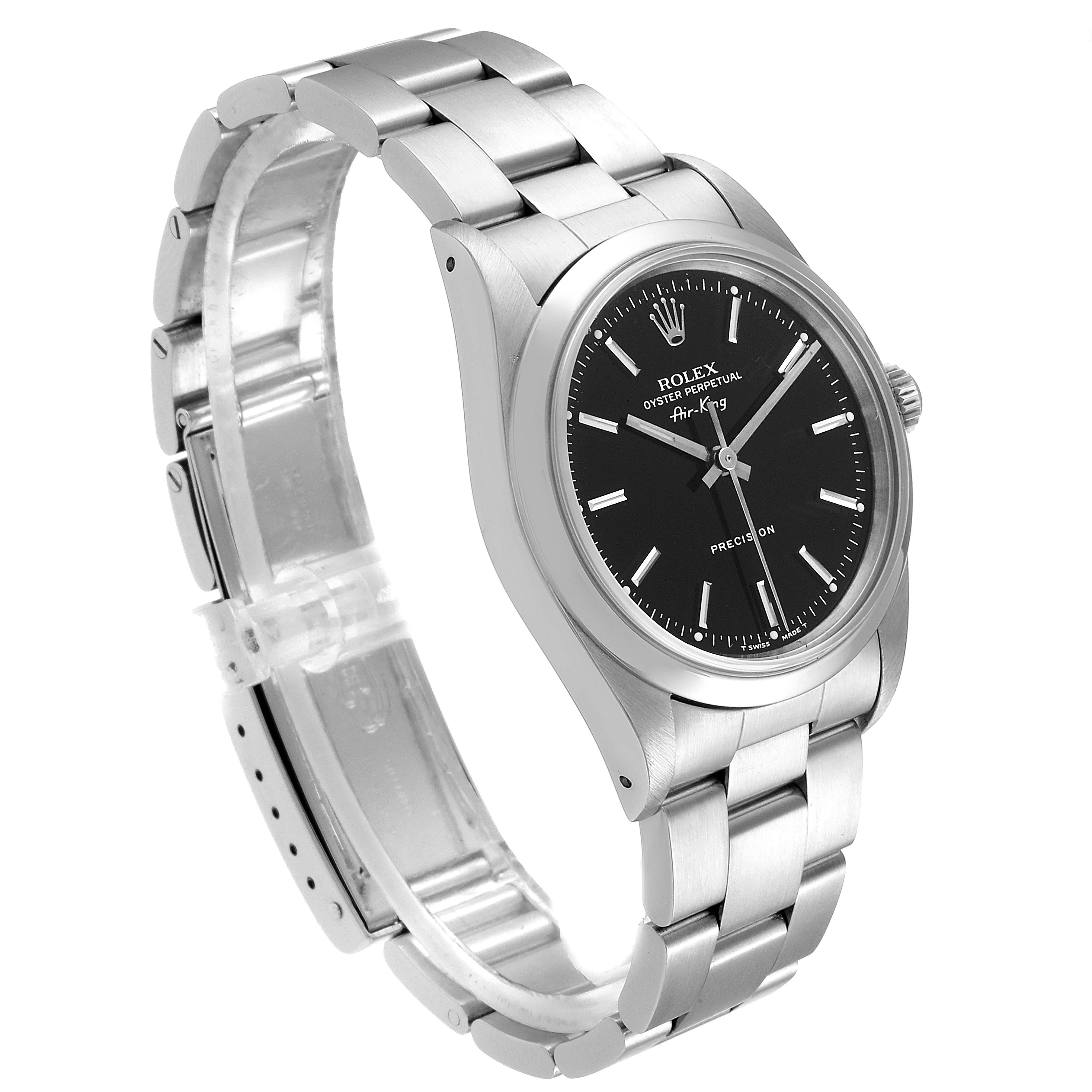 This image shows a side-angle view of a Rolex Air-King 14000 Men's Stainless Steel Black Dial 14000 Men's Stainless Steel Black Dial watch, highlighting its stainless steel band and black dial.