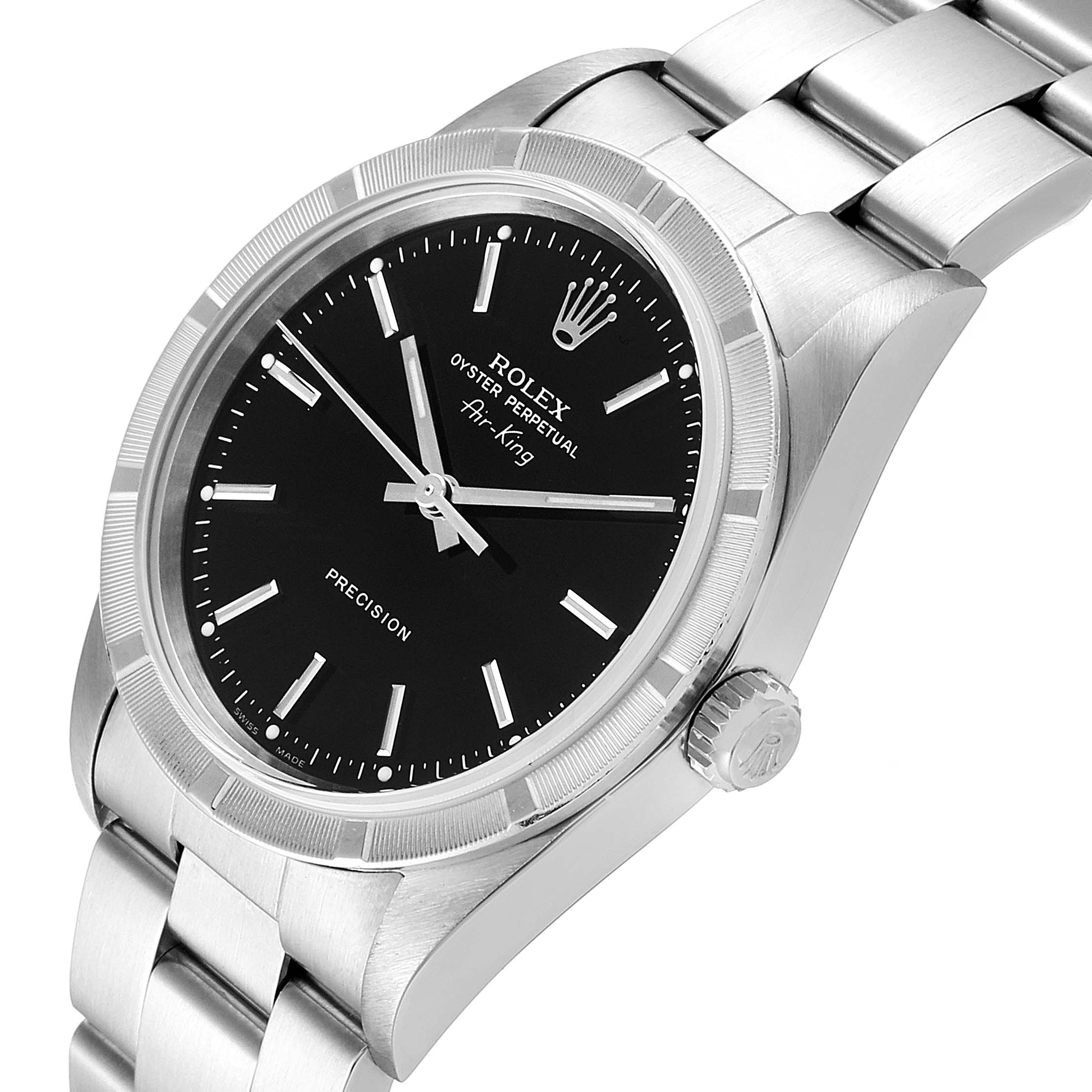 The Rolex Air-King 14010 Men's Stainless Steel Black Dial 14010 Men's Stainless Steel Black Dial watch is angled to show the face, bezel, crown, and part of the bracelet.