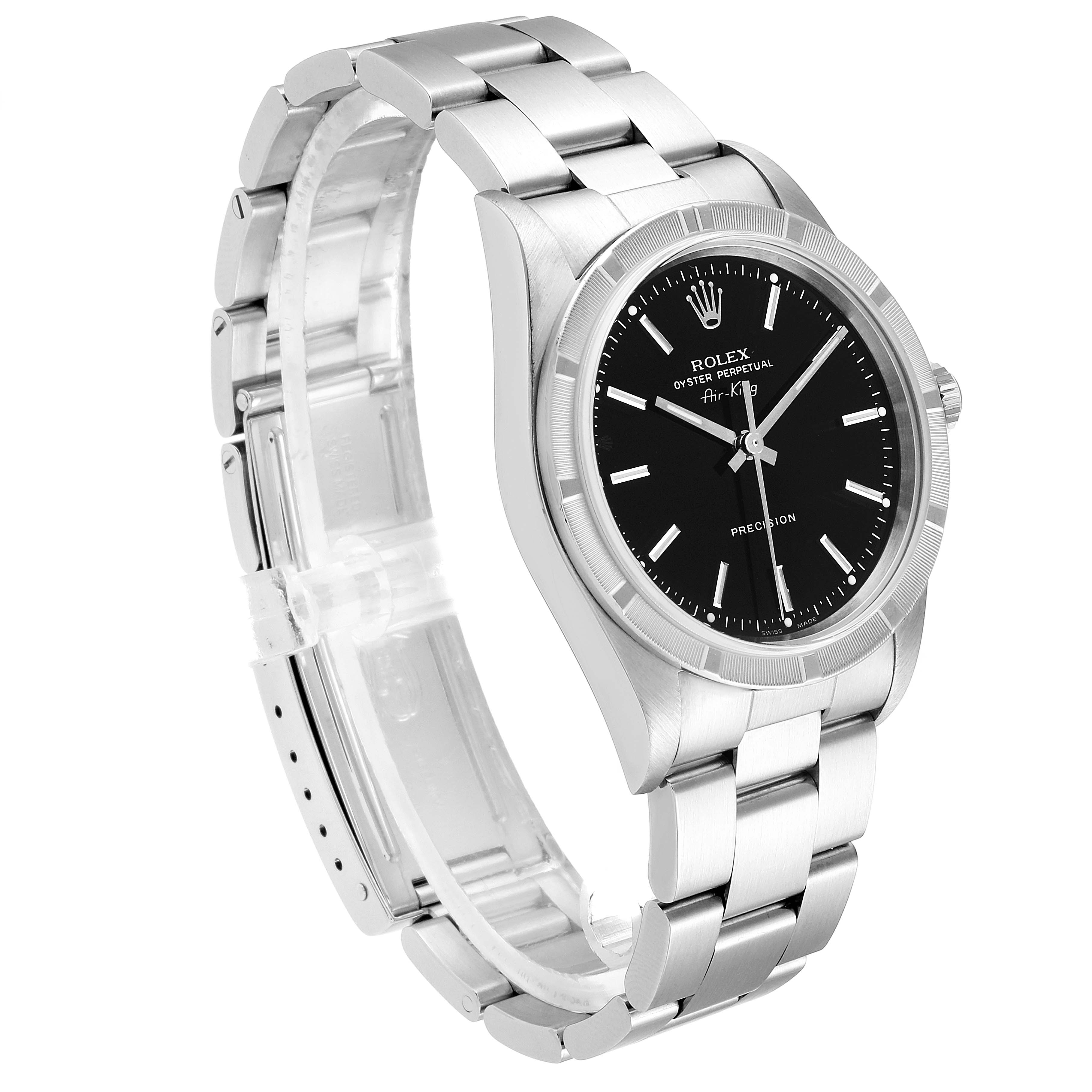 The Rolex Air-King 14010 Men's Stainless Steel Black Dial 14010 Men's Stainless Steel Black Dial watch is shown at a slight left angle, highlighting its black dial, silver case, and bracelet.