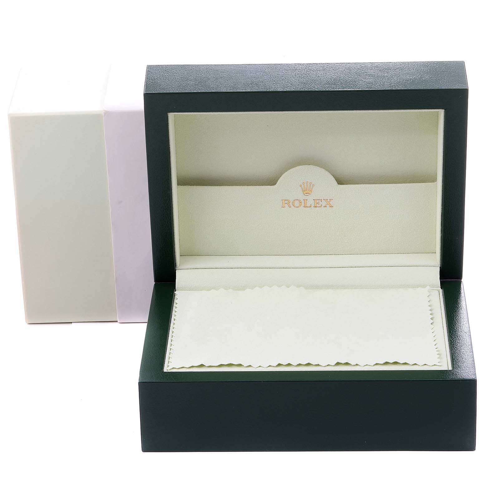 The image shows an open Rolex Air-King 14010 Men's Stainless Steel Black Dial 14010 Men's Stainless Steel Black Dial watch box and pouch, displayed from a front angle.