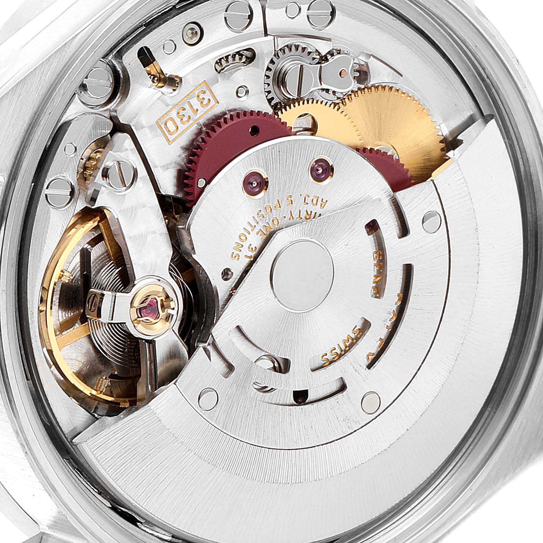 An internal angle of the Rolex Air-King 14010 Men's Stainless Steel Black Dial 14010 Men's Stainless Steel Black Dial watch displays its intricate mechanical movement and gears.